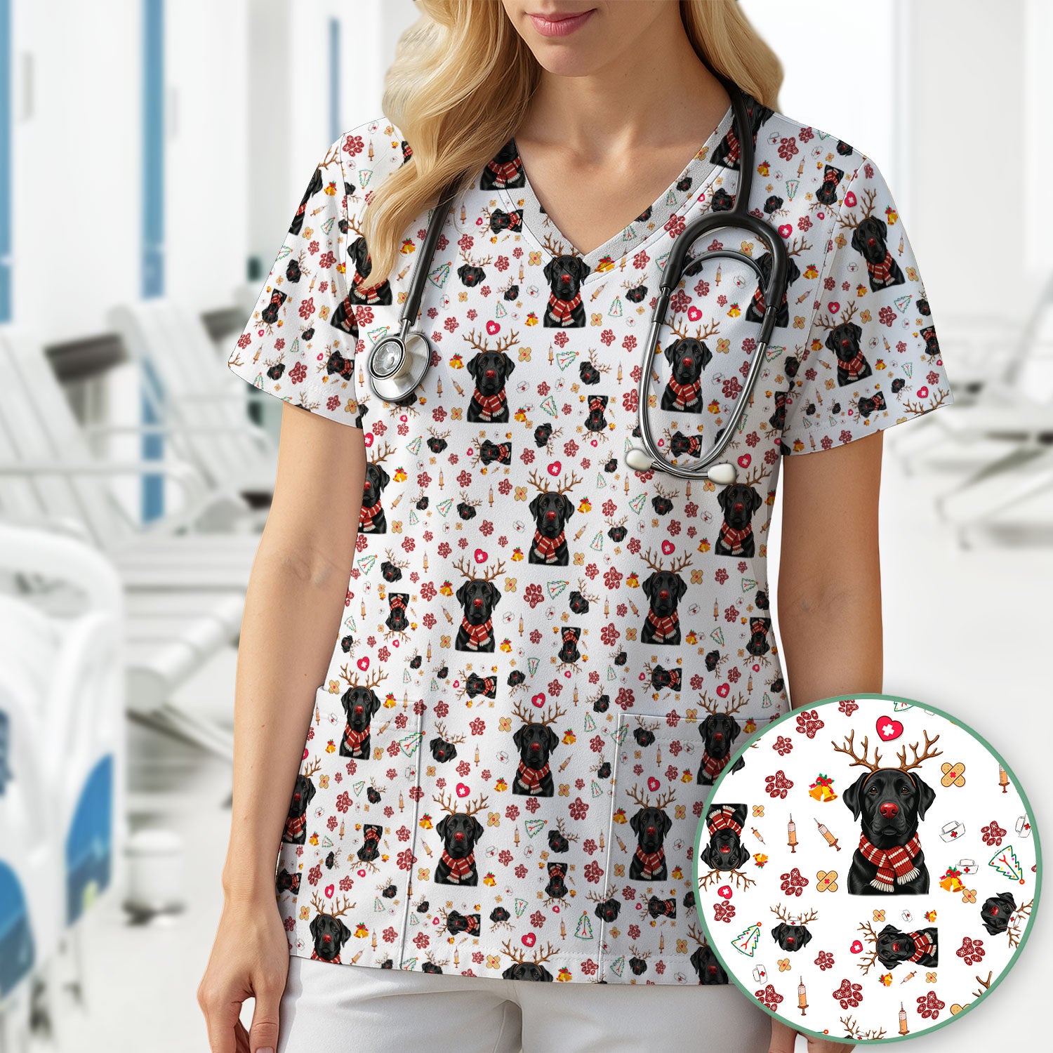 Funny Black Lab Reindeer Scrub Top - Christmas Dog Nurse Shirt - Cute Holiday Medical Uniform Gift for RN LPN CNA