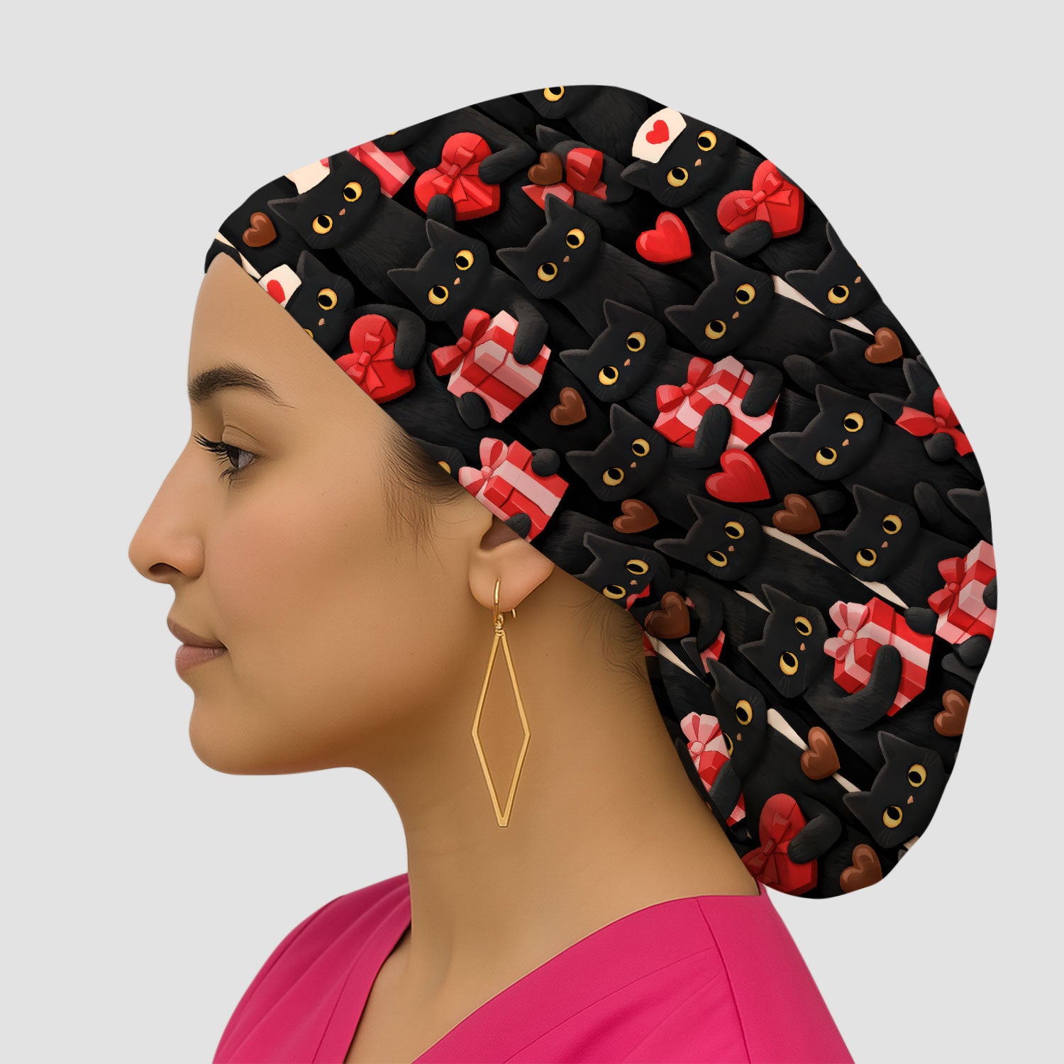 Black Cat Valentine Nurse Scrub Cap, Heart Pattern Medical Hat, Breathable Fabrics Nursing Uniform