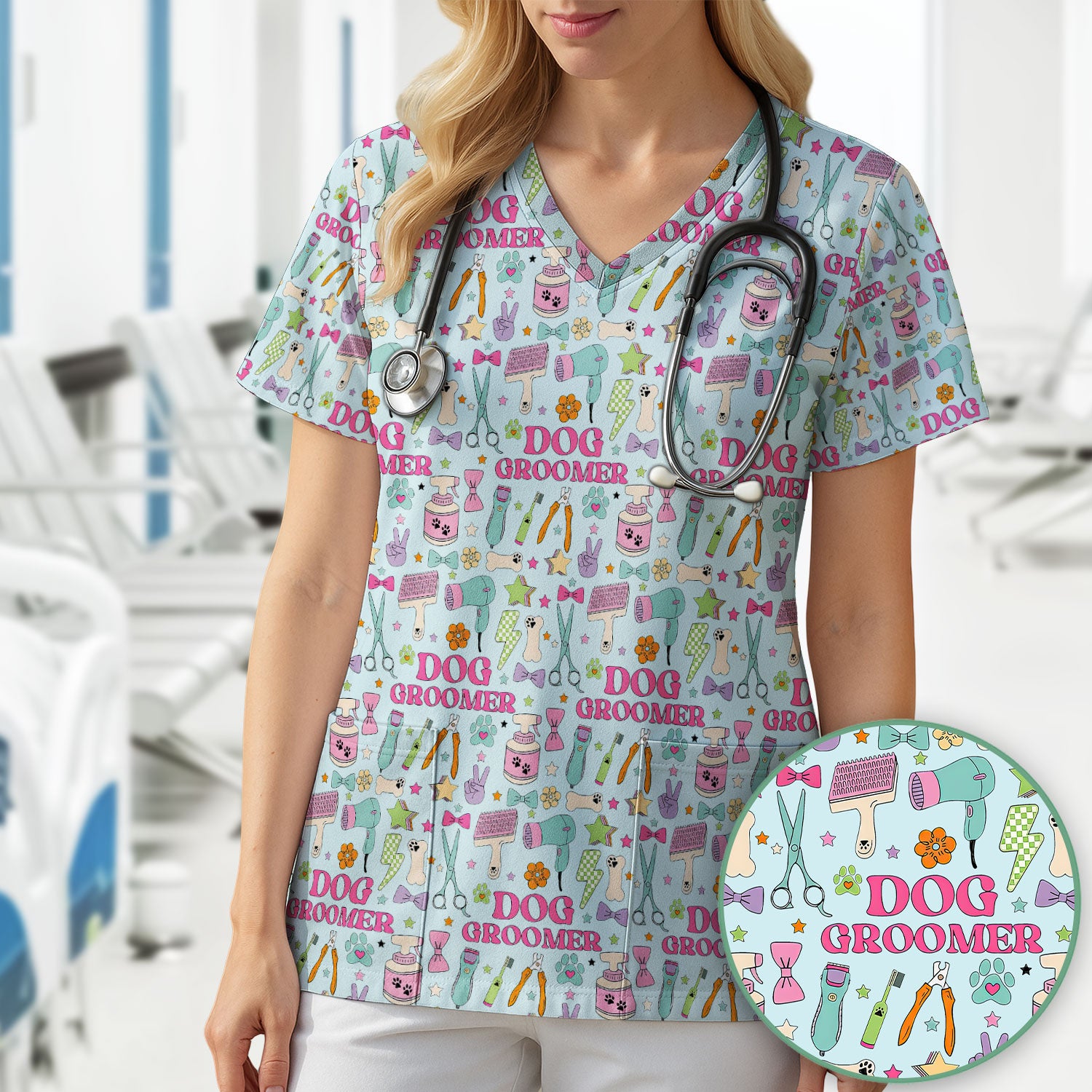 Dog Groomer Tools Pattern Nursing Scrub Top, Comfortable Scrubs for Nurses