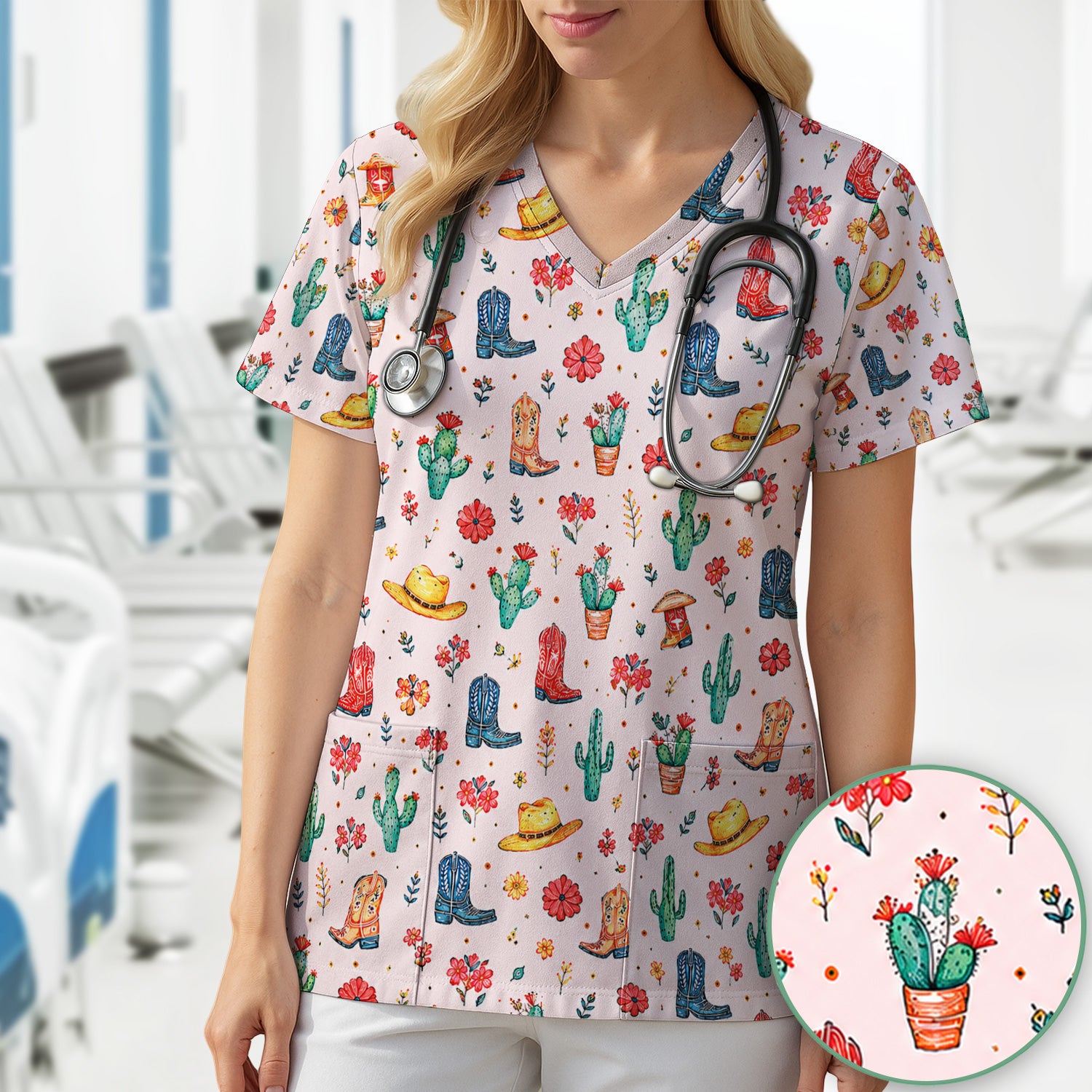 Whimsical Western Cactus Boots Pattern Scrub Top, Breathable Fabrics Nursing Uniform