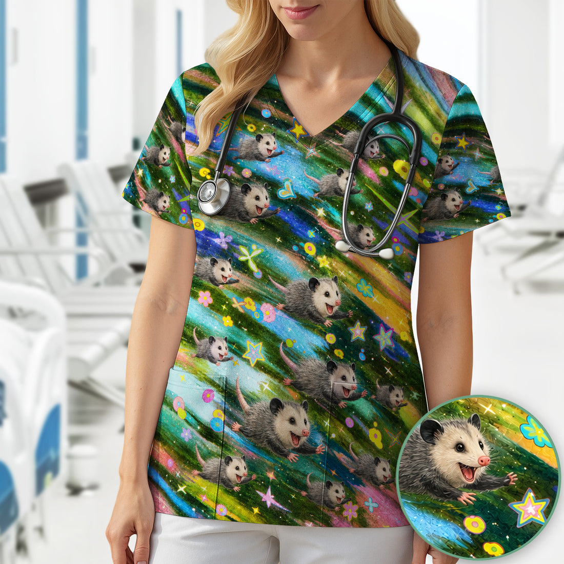 Colorful Opossum Rainbow Stars Print Scrub Top, Comfortable Scrubs for Nurses
