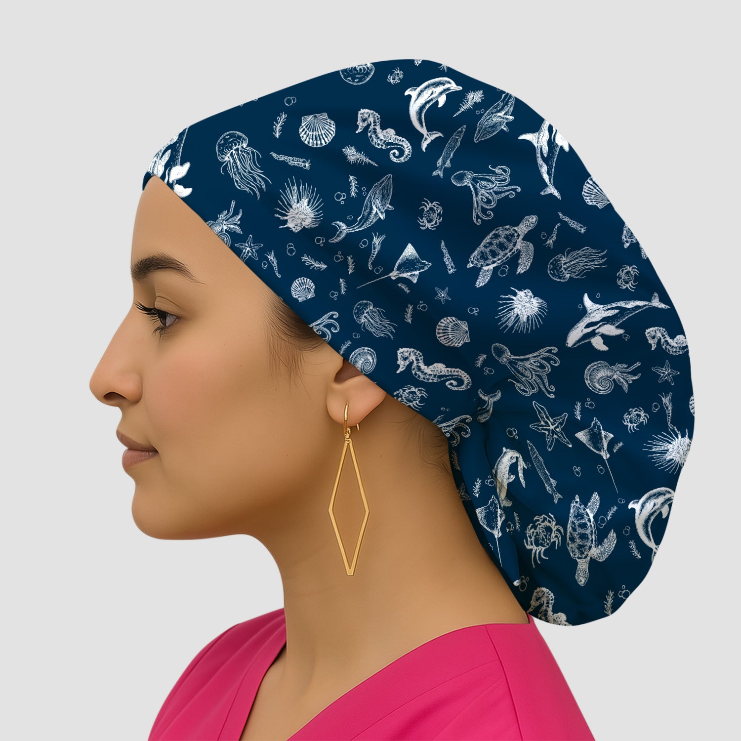 Marine Sea Life Pattern Cap, Bouffant Scrub Caps for Women