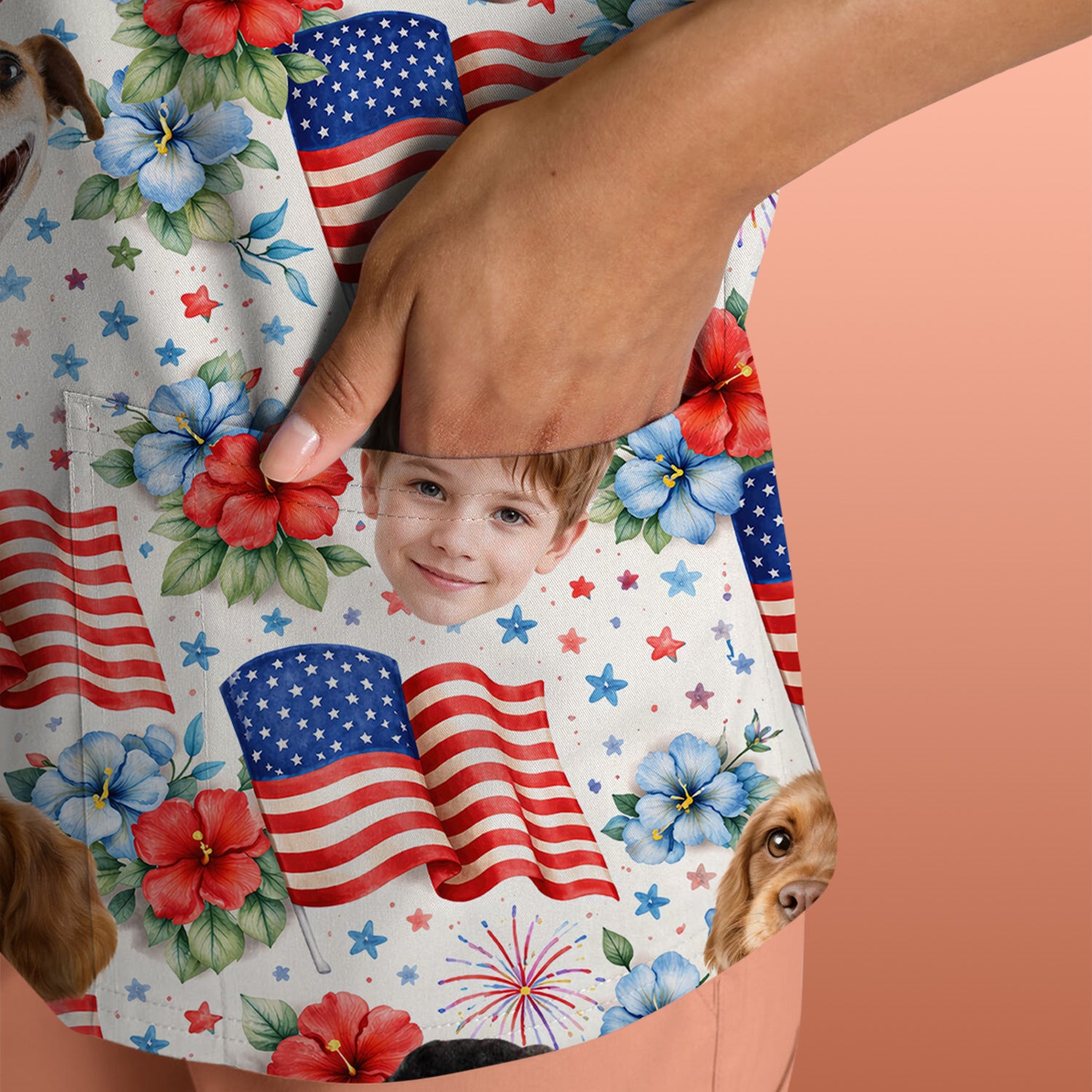 Custom Photo Patriotic Kids & Pet Faces Flag Nurse Scrub Top, Breathable Fabrics Nursing Uniform