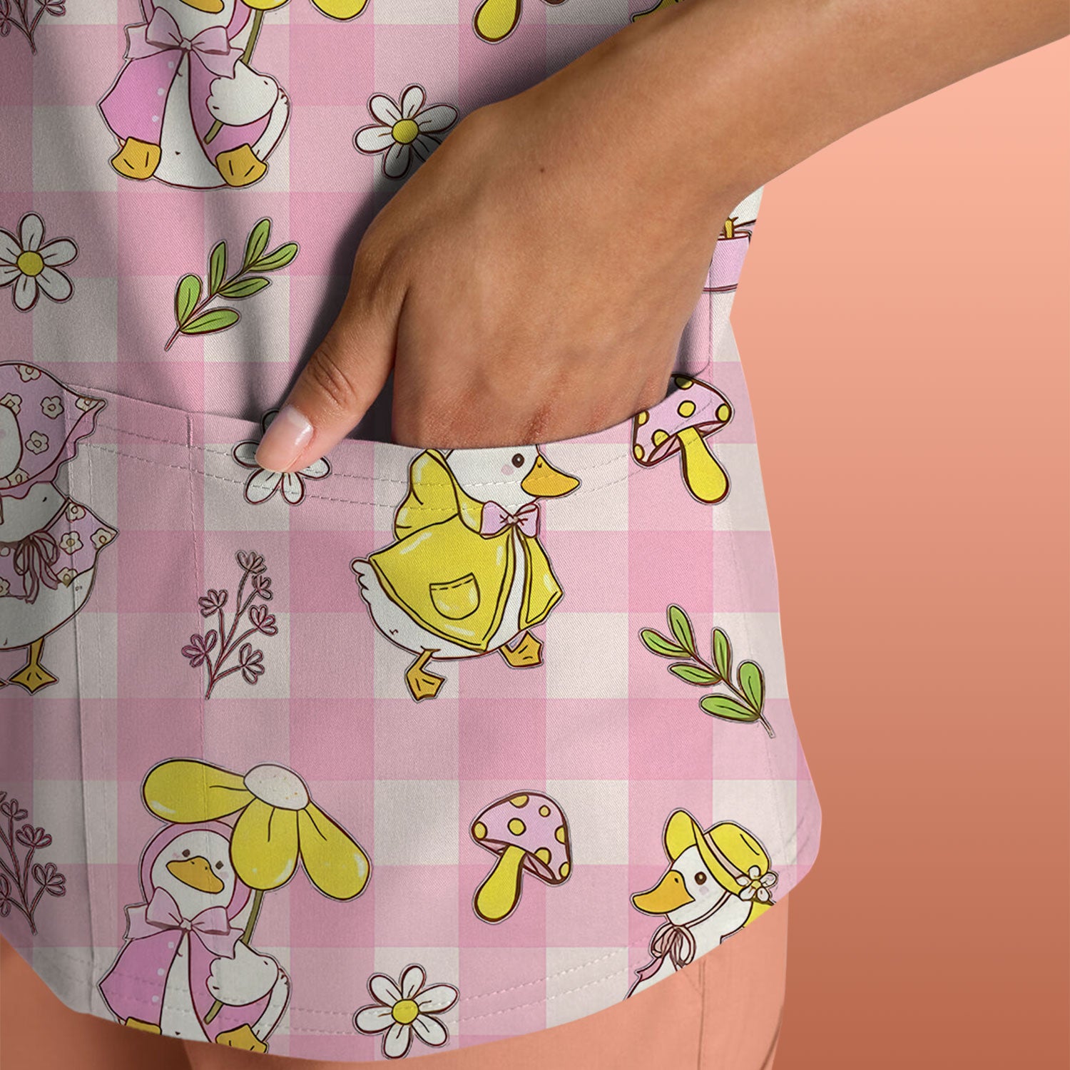 Cute Duck Outfit Gingham Pattern Scrub Top, Comfortable Scrubs for Nurses