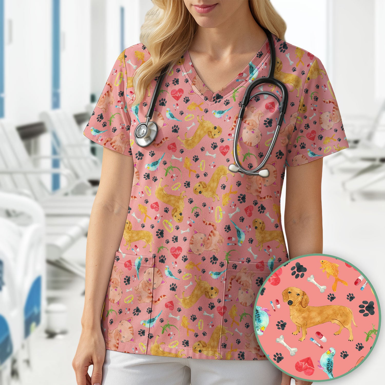 Cute Cat Dog Scrub Top - Animal Lover Medical Uniform - Funny Veterinary Nurse Shirt for Women RN CNA LPN