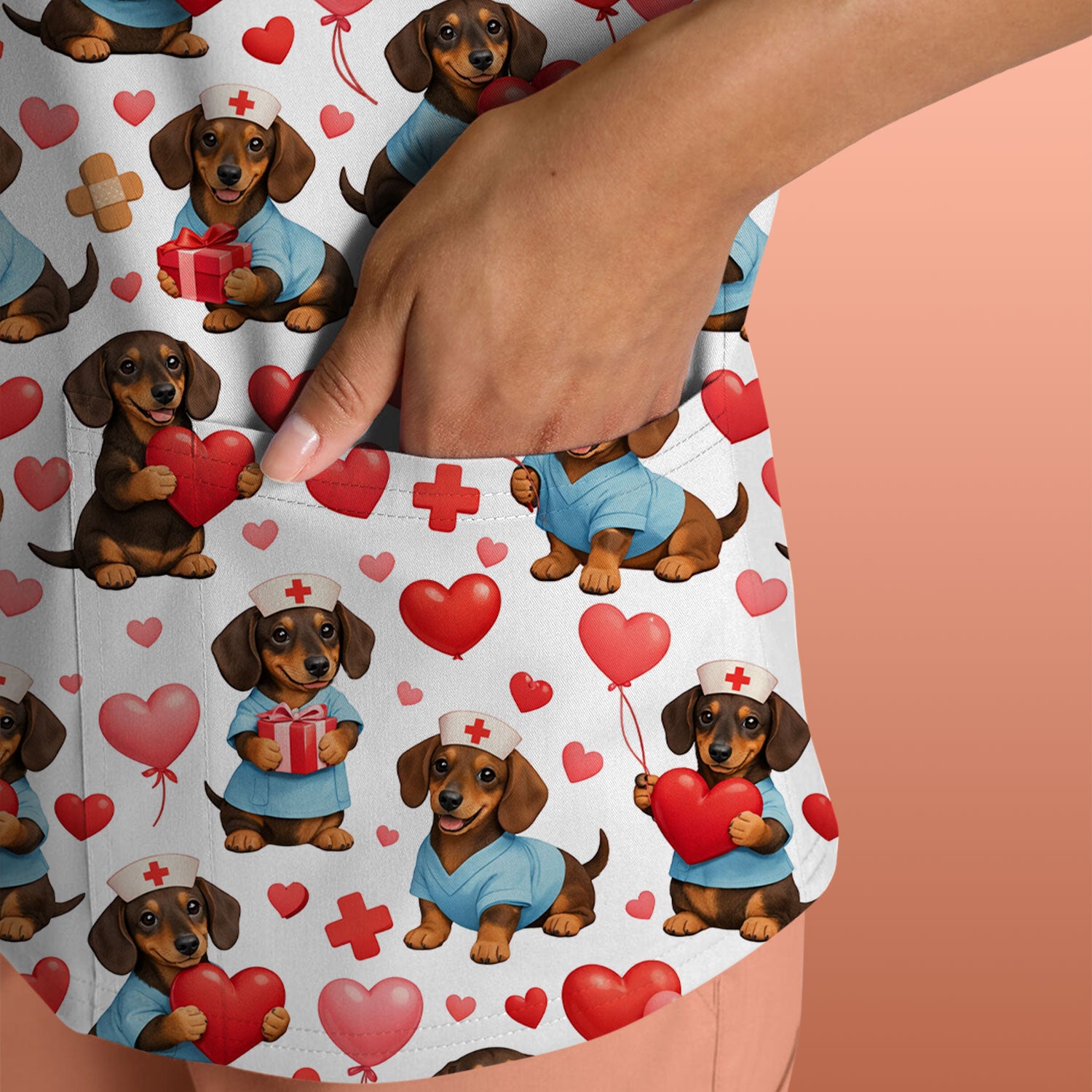 Dachshund Valentine Nurse Scrub Top, Cute  Wiener Dog Medical Pattern Shirt, Breathable Fabrics Nursing Uniform