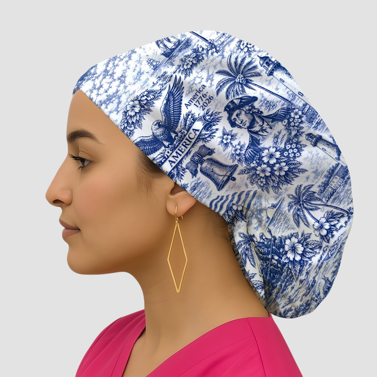 Patriotic America Heritage Toile Pattern Cap, Bouffant Scrub Caps for Women