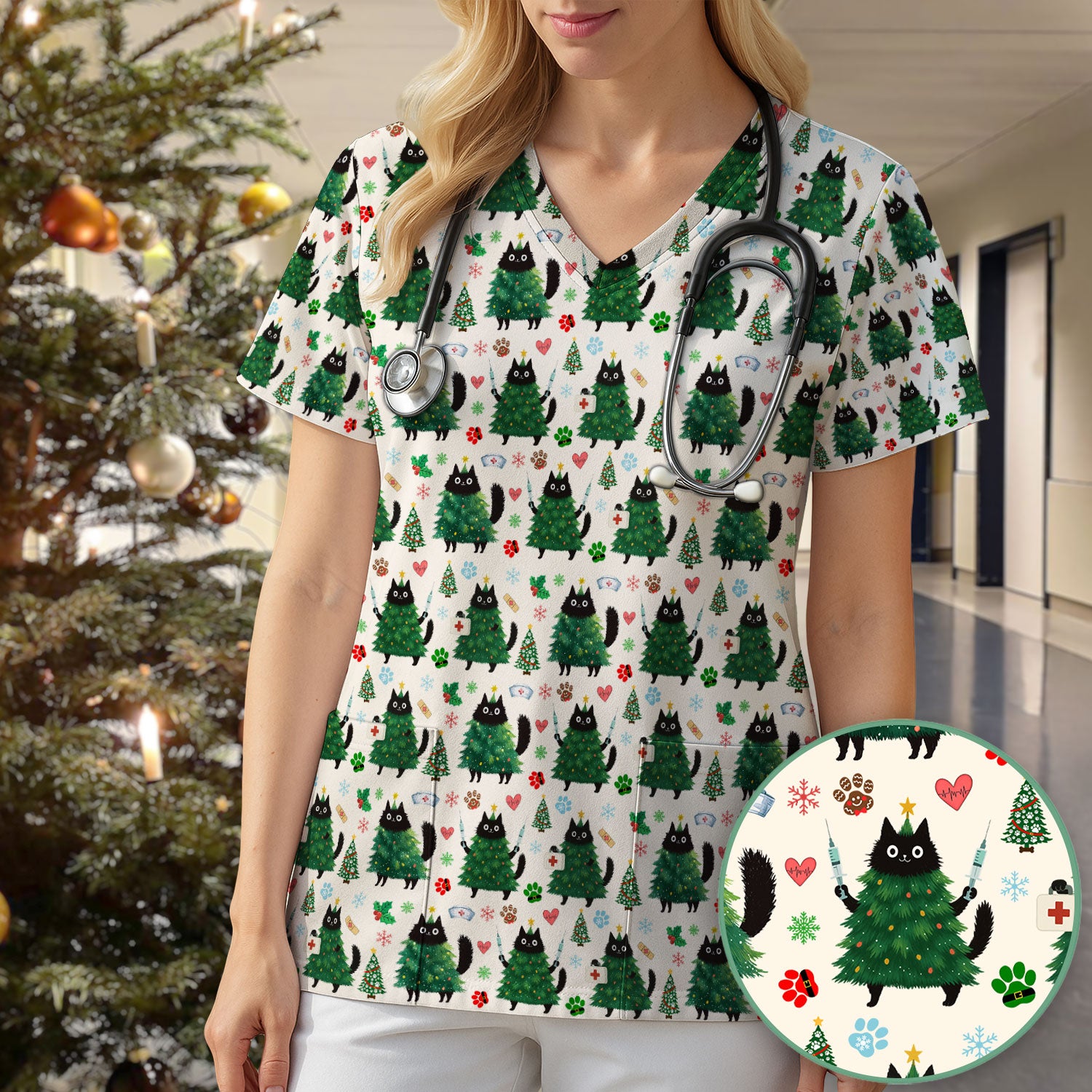 Christmas Nurse Scrub Top, Xmas Black Cat Pattern Nurse Shirt,  Breathable Fabrics Nursing Uniform