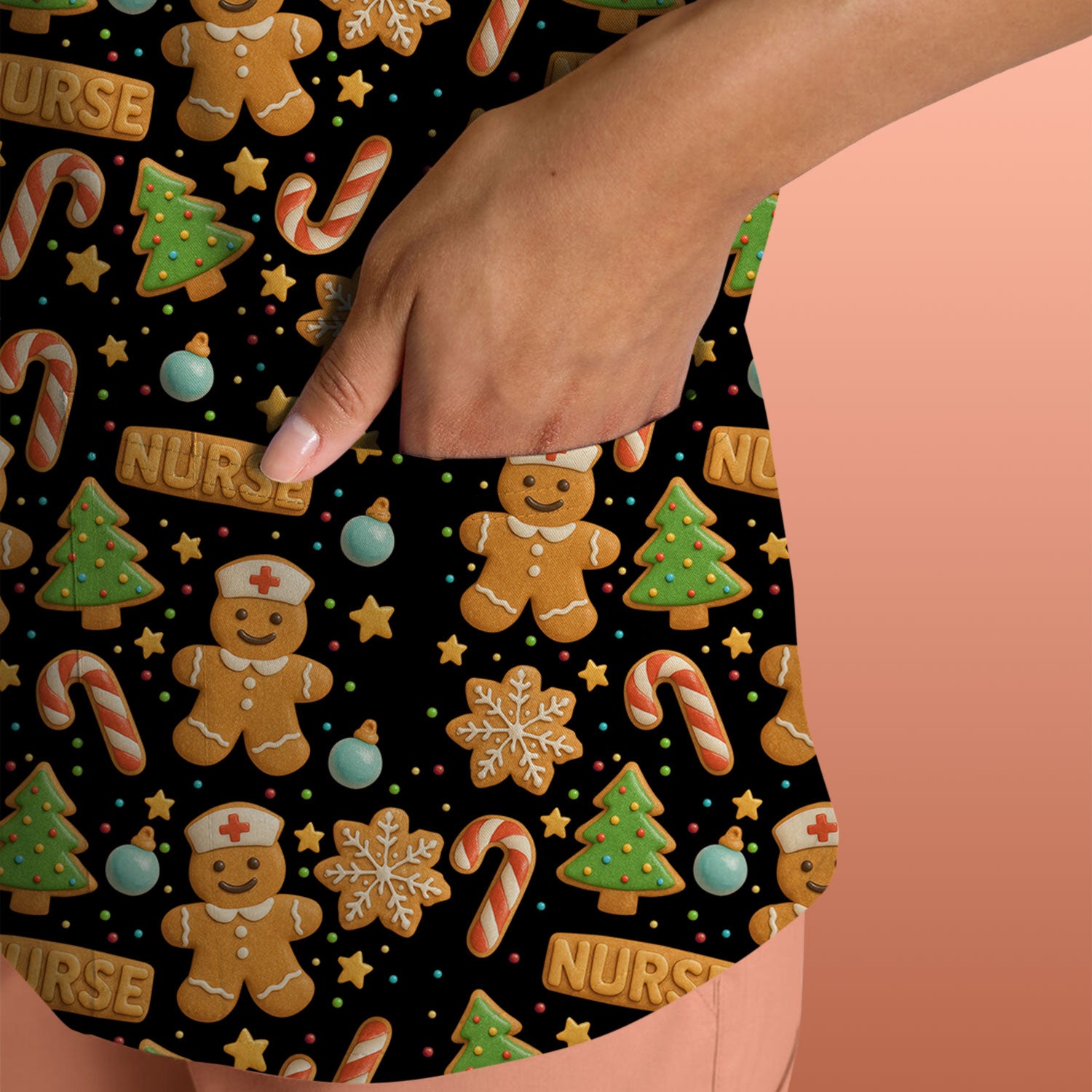 Gingerbread Scrubs Christmas Edition - Cute Cookie Pattern Medical Scrub Top for Women - Holiday Christmas Scrubs with Fun Festive Print