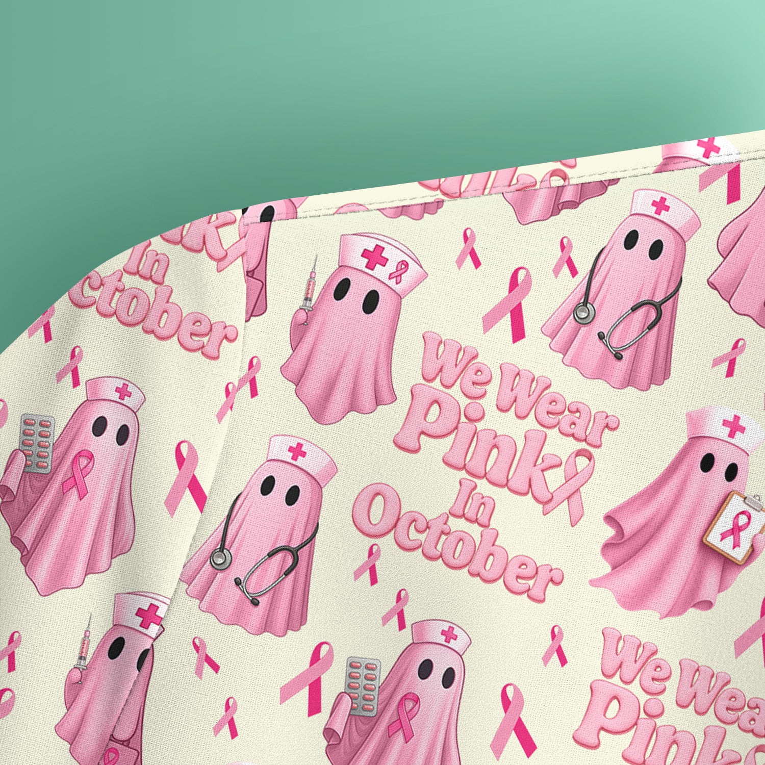 Halloween Breast Cancer Awareness Scrub - We Wear Pink In October & Ghost Nurse Design - October Gift for RN LPN CNA