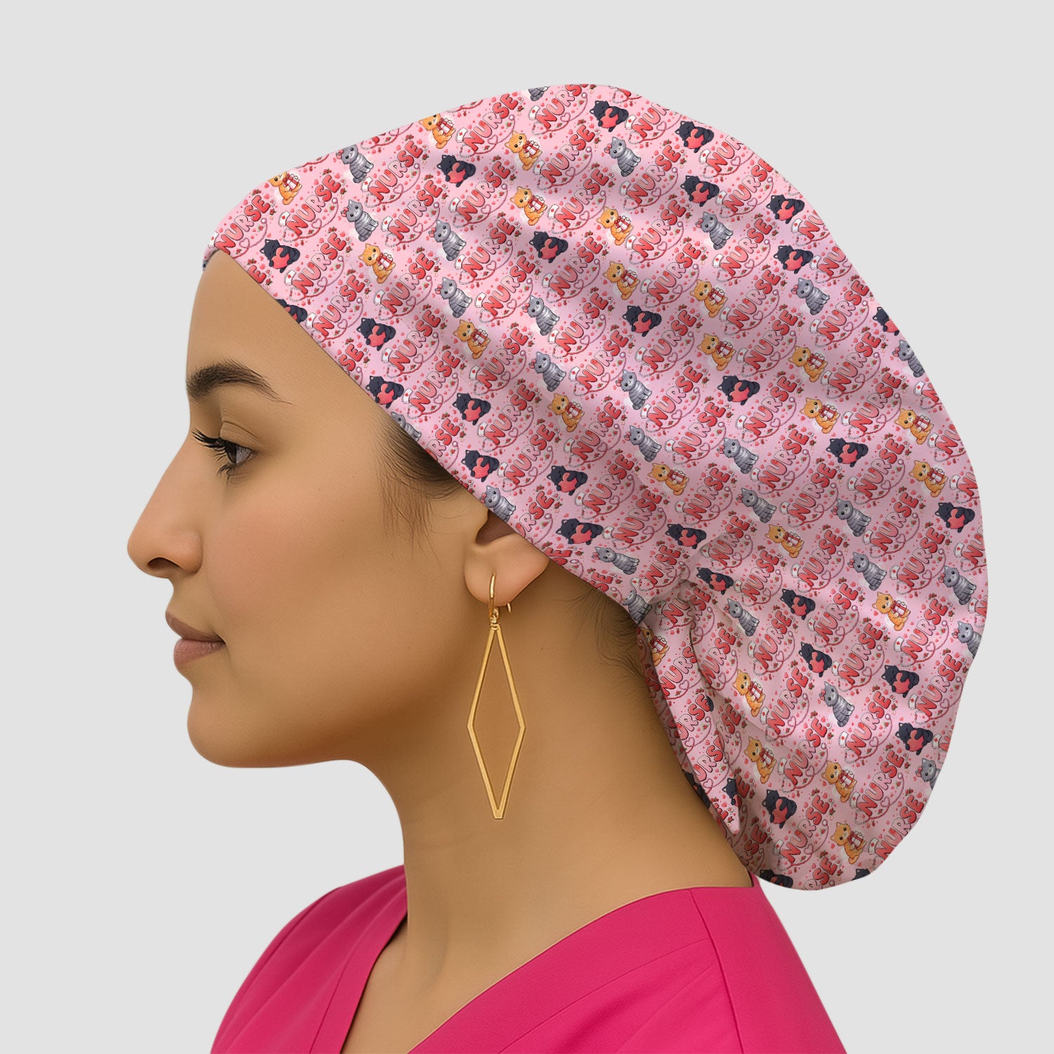 Nurse Cat Heart Pattern Valentine Scrub Cap, Bouffant Scrub Caps for Women