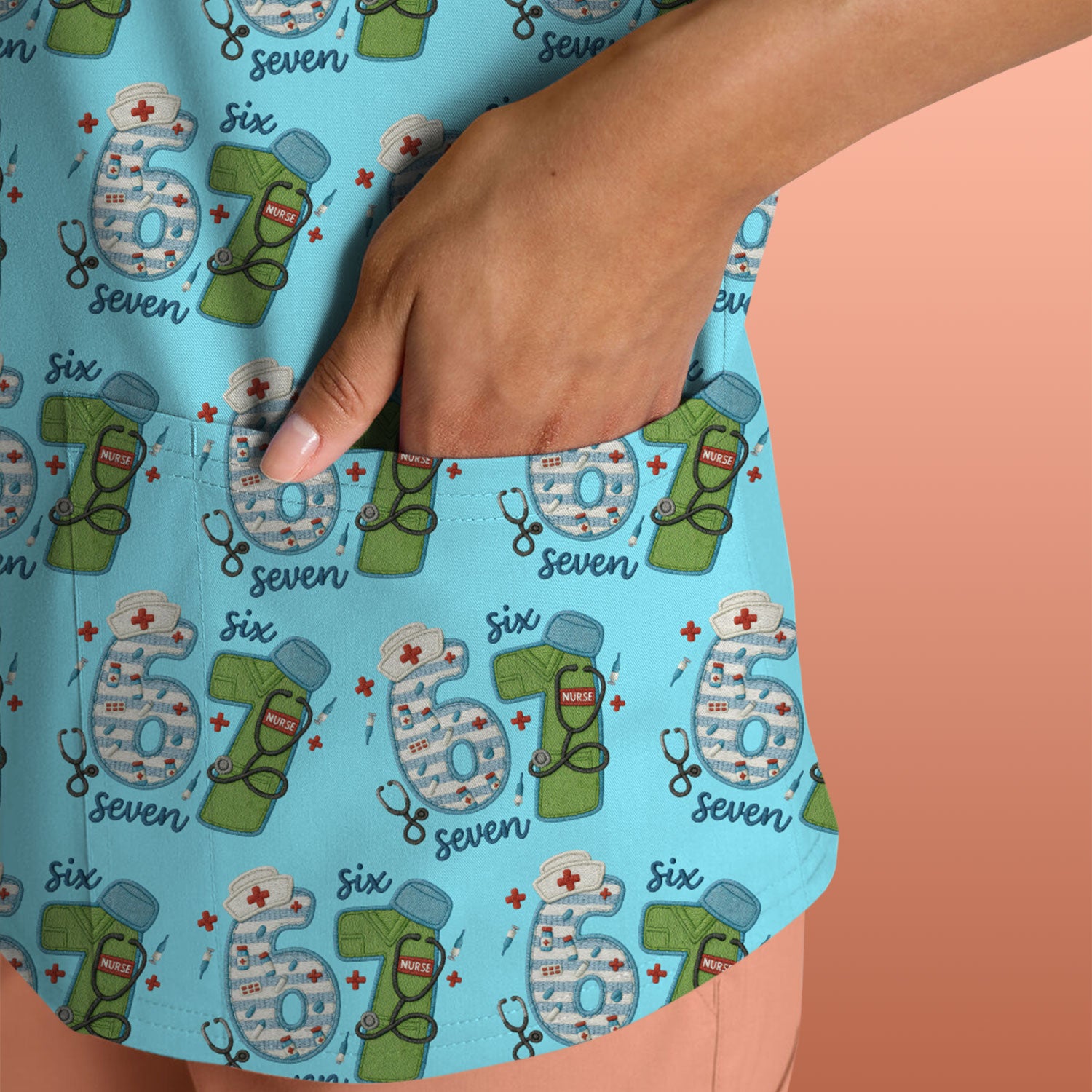 Nurse Six Seven Pattern Scrub Top, Cute Medical Number Print Shirt for Nursing Professionals
