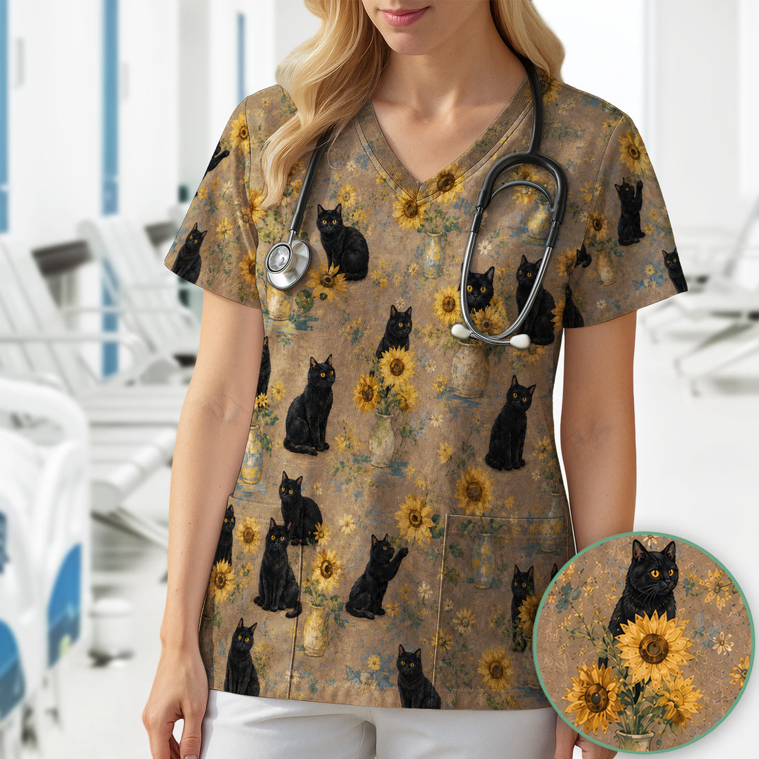 Rustic Sunflower Black Cat Print Scrub Top, Comfortable Scrubs for Nurses