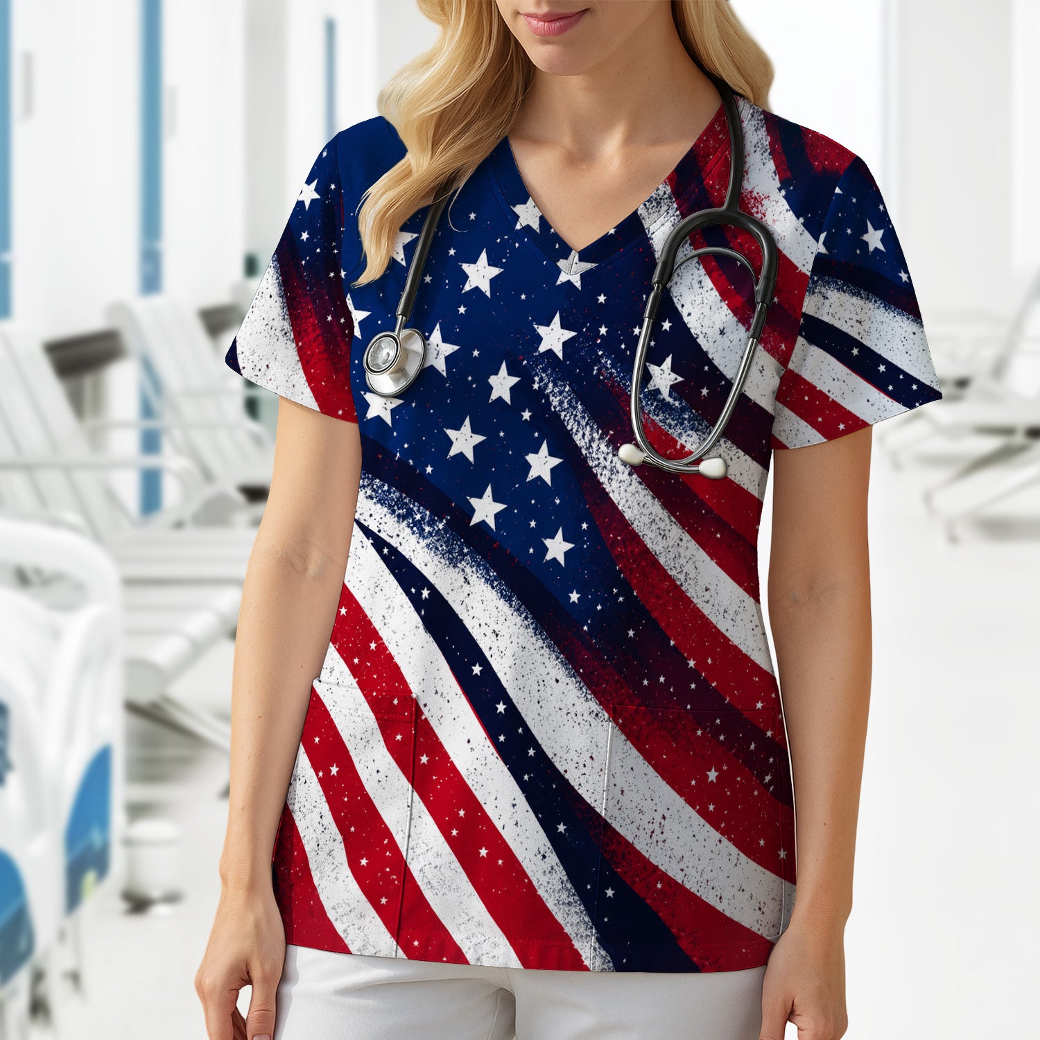 Festive American Flag Stars Pattern Scrub Top, Comfortable Scrubs for Nurses