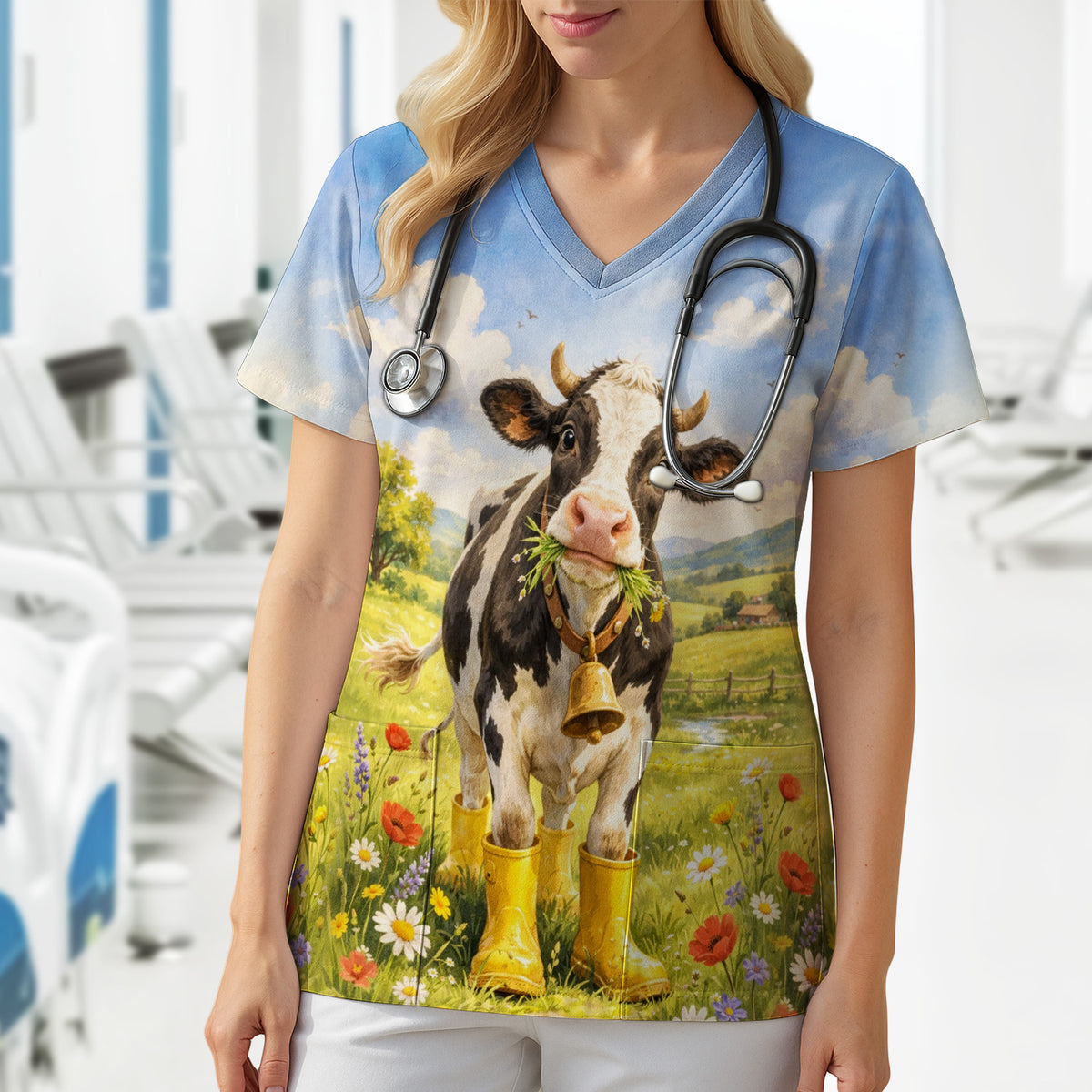 Cute Cow Wearing Boots Meadow Scene Pattern Scrub Top, Comfortable Scrubs for Nurses