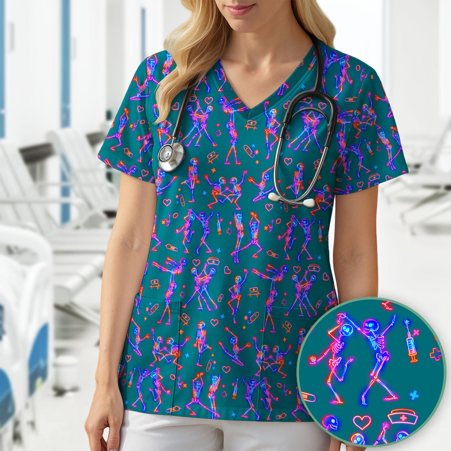 Neon Dancing Skeleton Medical Pattern Scrub Top, Comfortable Scrubs for Nurses