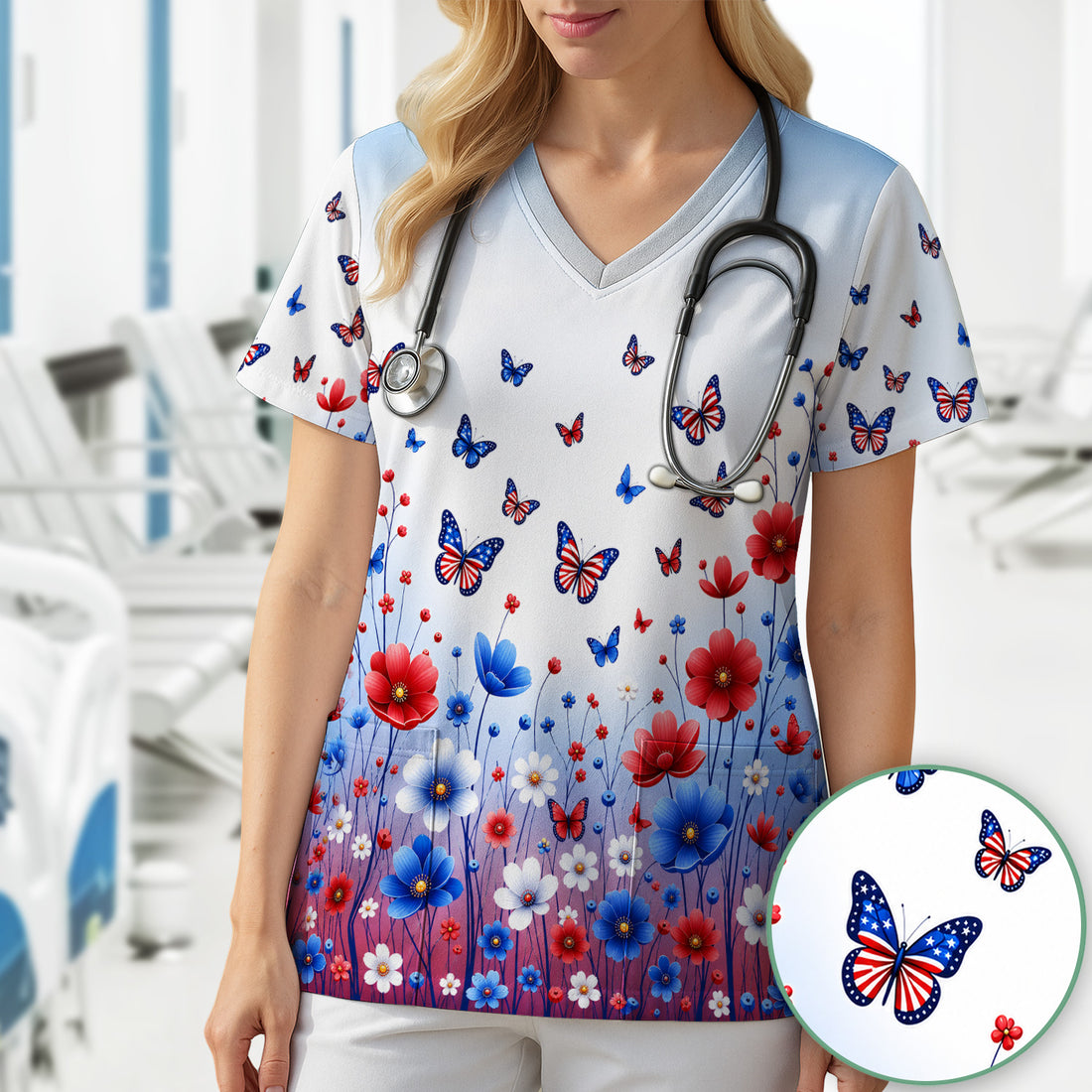 Patriotic Butterfly Wildflower Garden Pattern Scrub Top, Comfortable Scrubs for Nurses