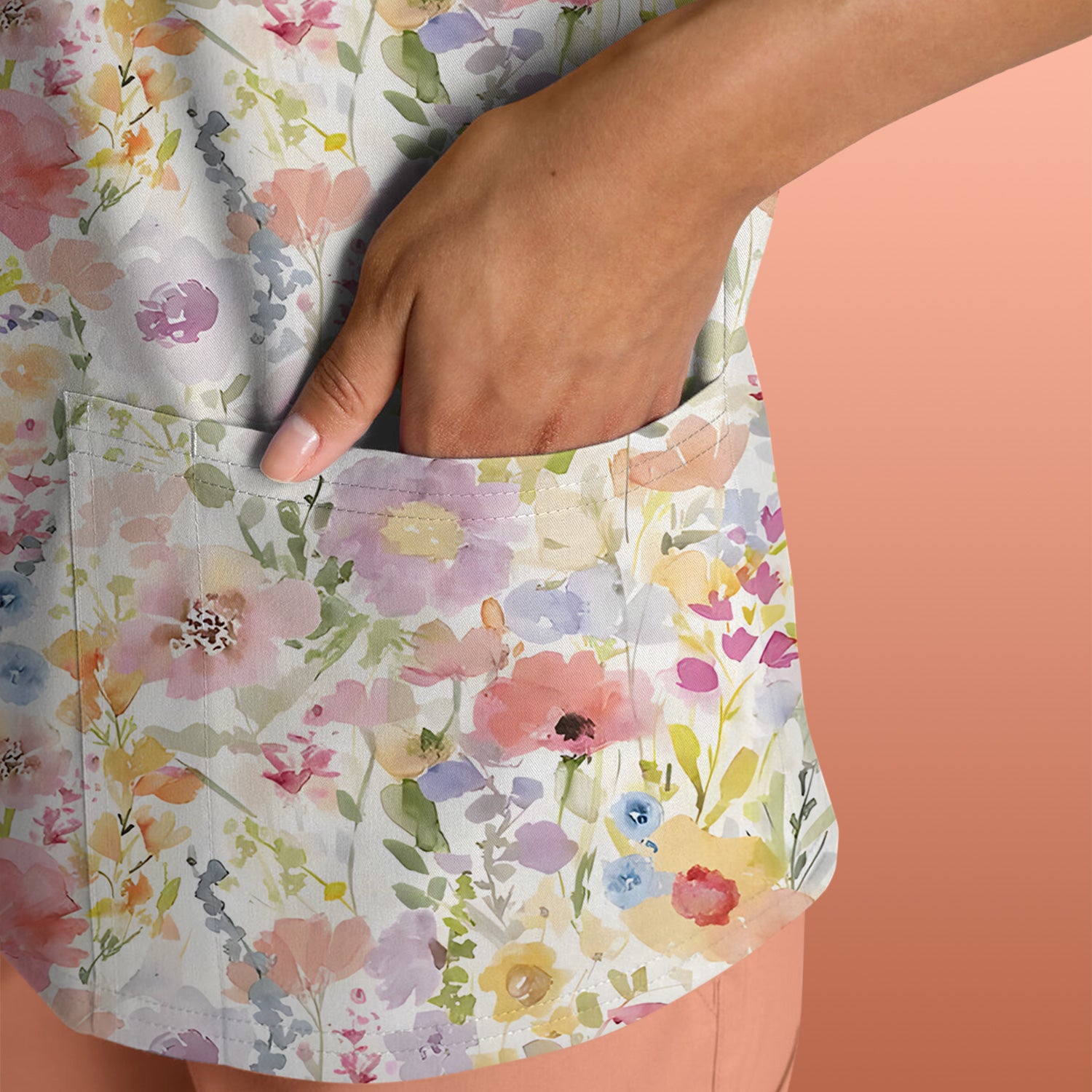 Pastel Watercolor Floral Nursing Scrub Shirt V-Neck Medical Work Top