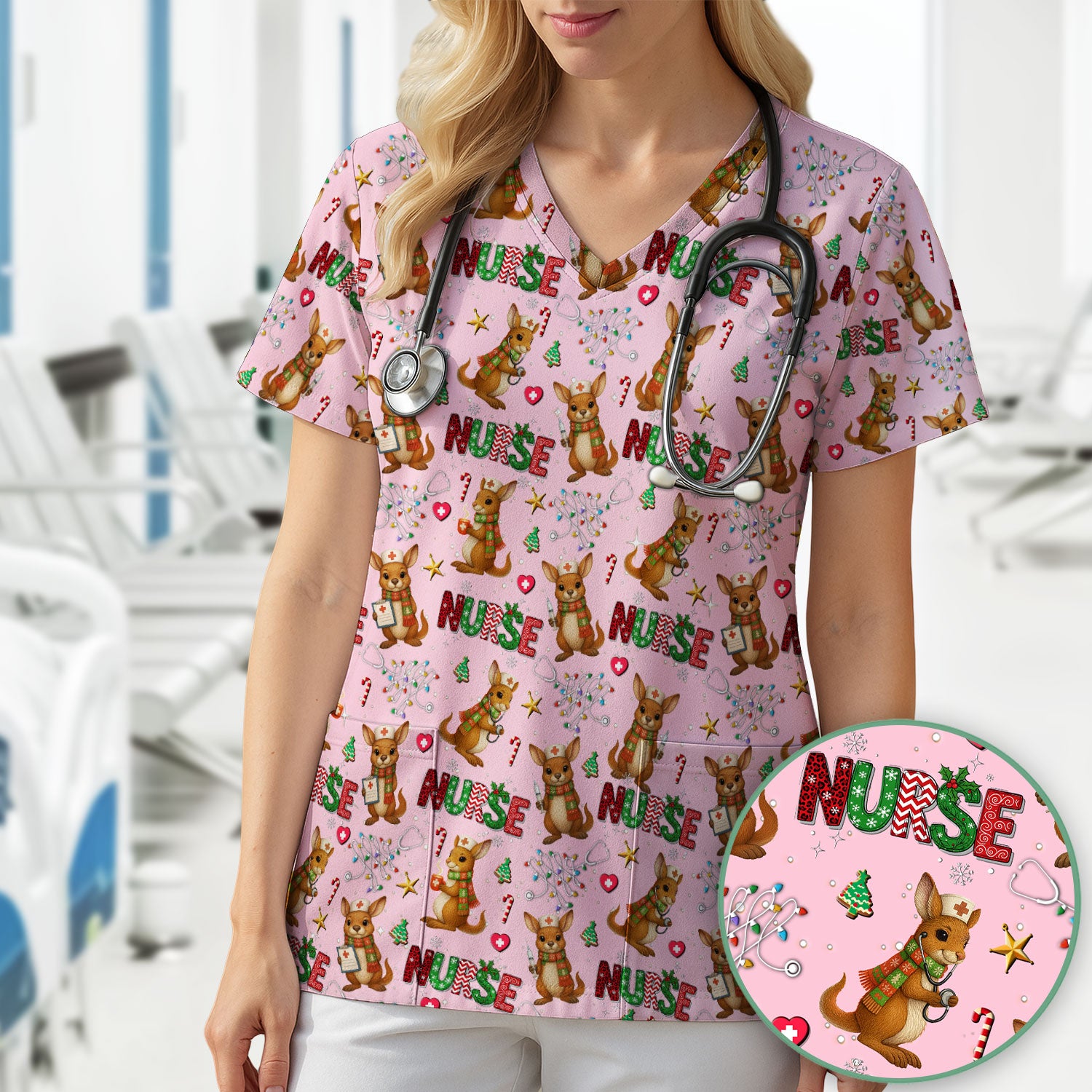 Aussie Kangaroo Christmas Scrub Top - Funny Holiday Nurse Shirt for Women - Cute Animal Medical Uniform