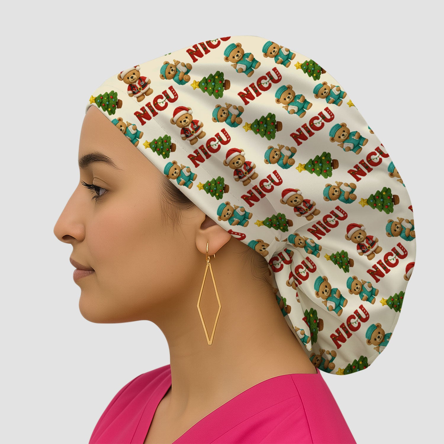 Festive Christmas NICU Nurse Teddy Bear Pattern Print Cap, Bouffant Scrub Caps for Women