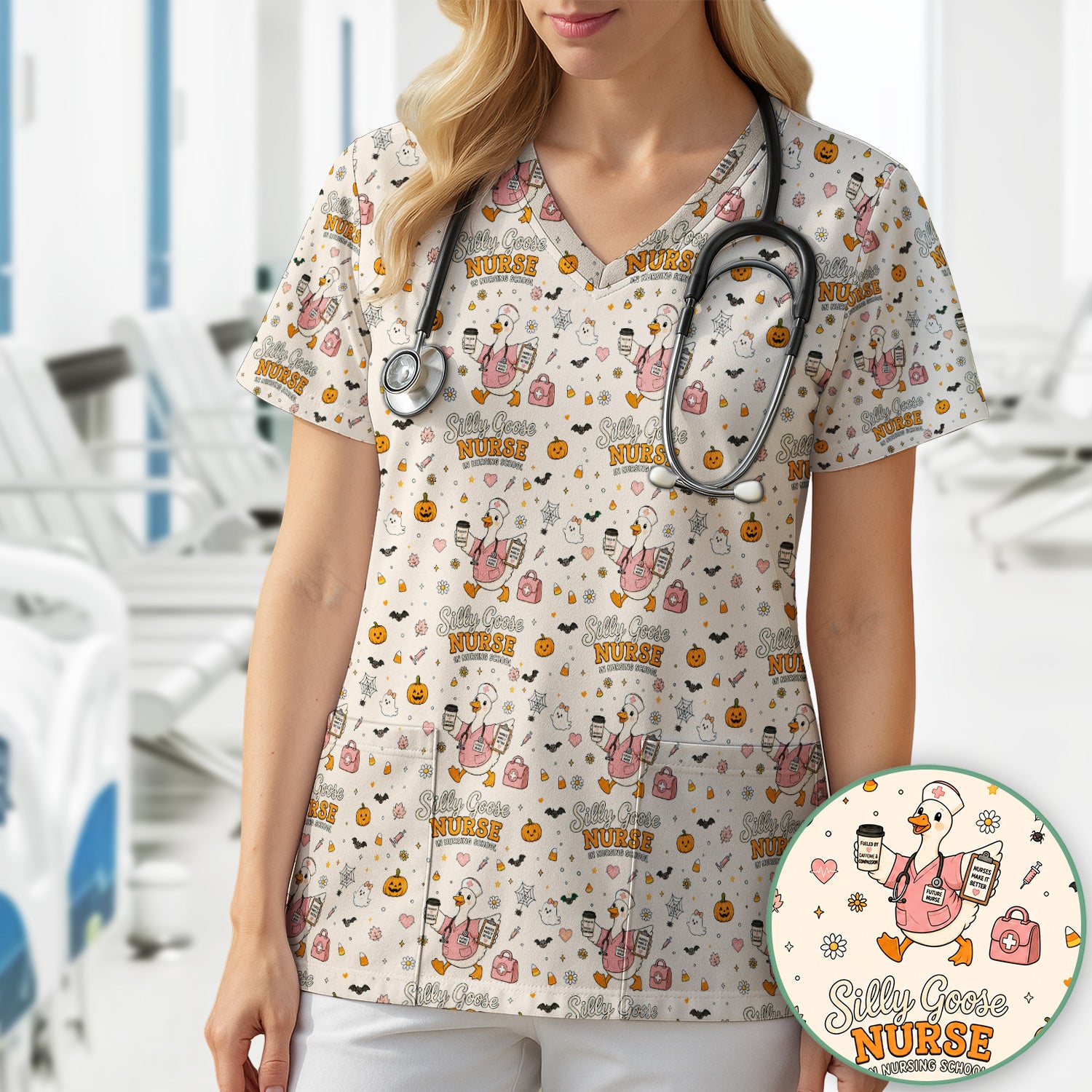 Funny Halloween Silly Goose Pattern Scrub Top, Comfortable Scrubs for Nurses