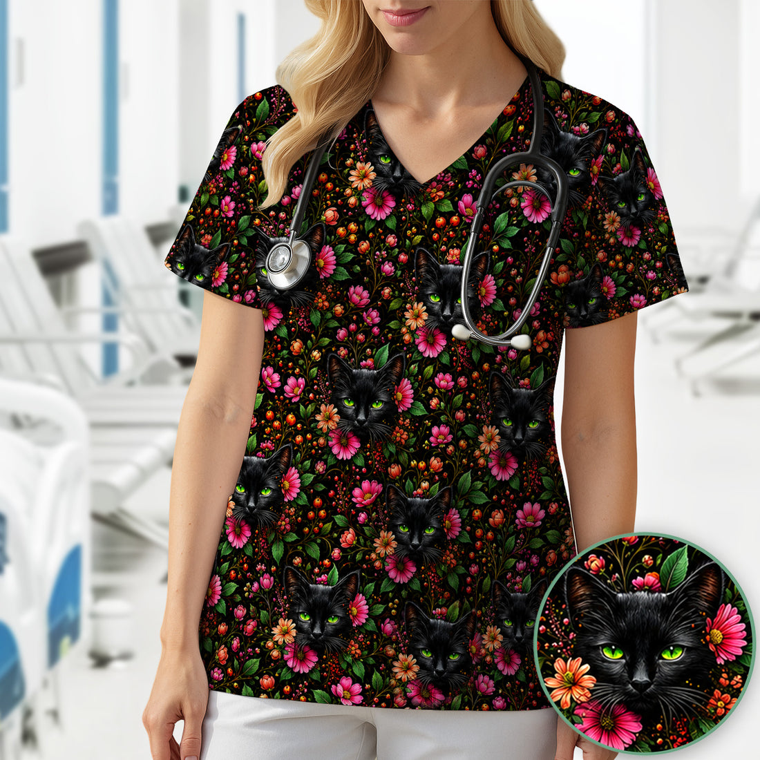 Adorable Black Cat Blossom Pattern Scrub Top, Comfortable Scrubs for Nurses
