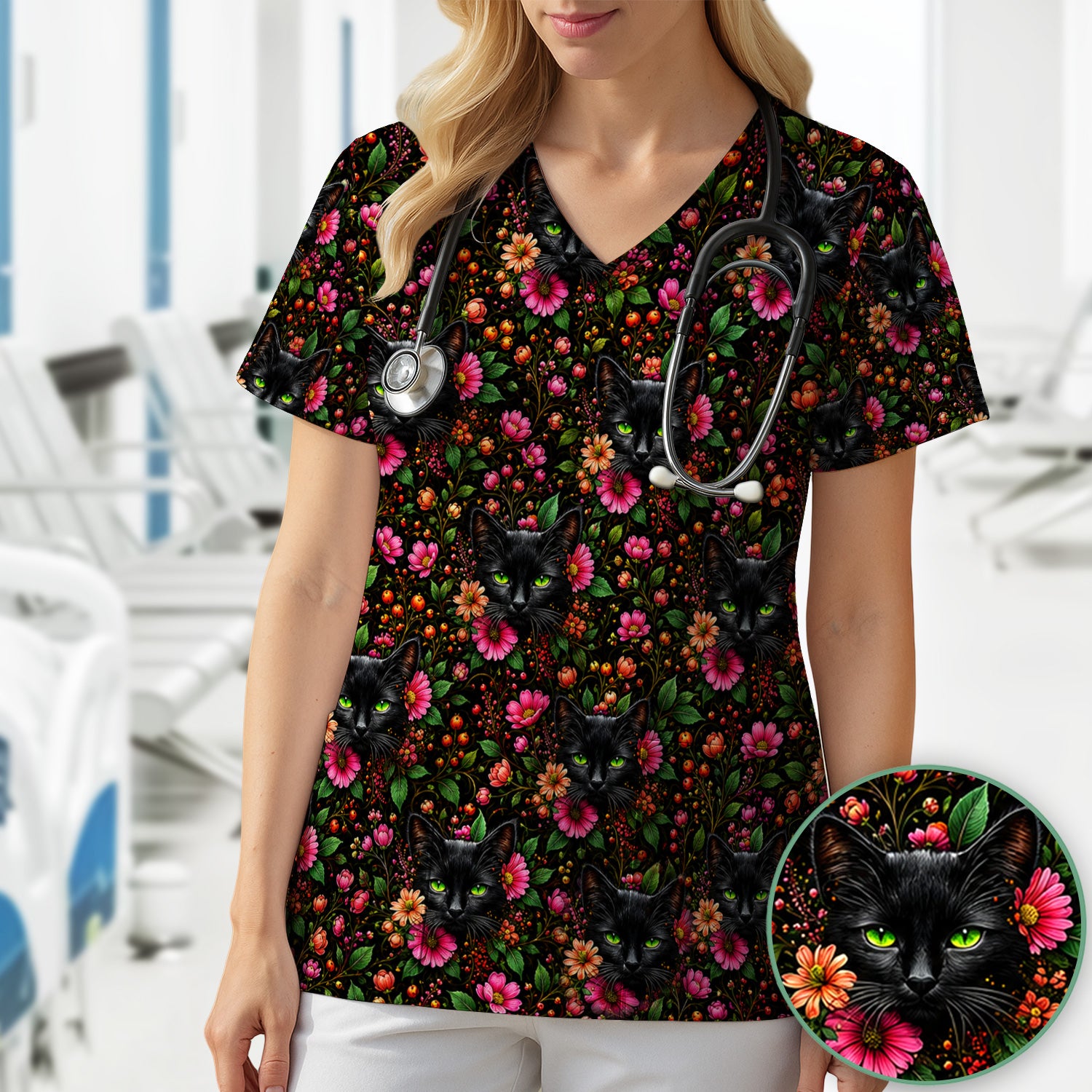 Adorable Black Cat Blossom Pattern Scrub Top, Comfortable Scrubs for Nurses