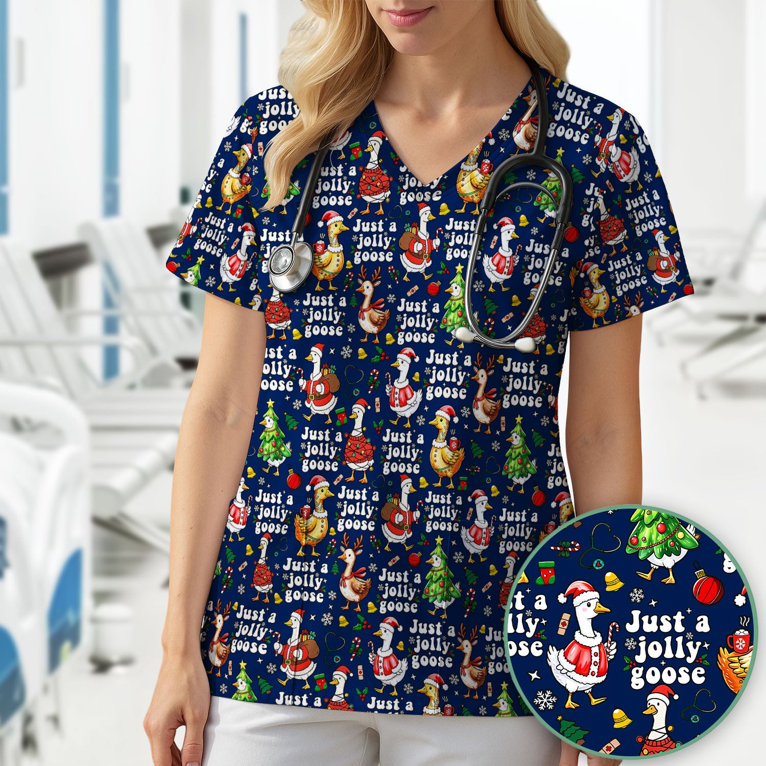 Just a Jolly Goose Funny Christmas Scrub Top - Holiday Medical Uniform for Nurse - Santa Goose Shirt Gift for Women