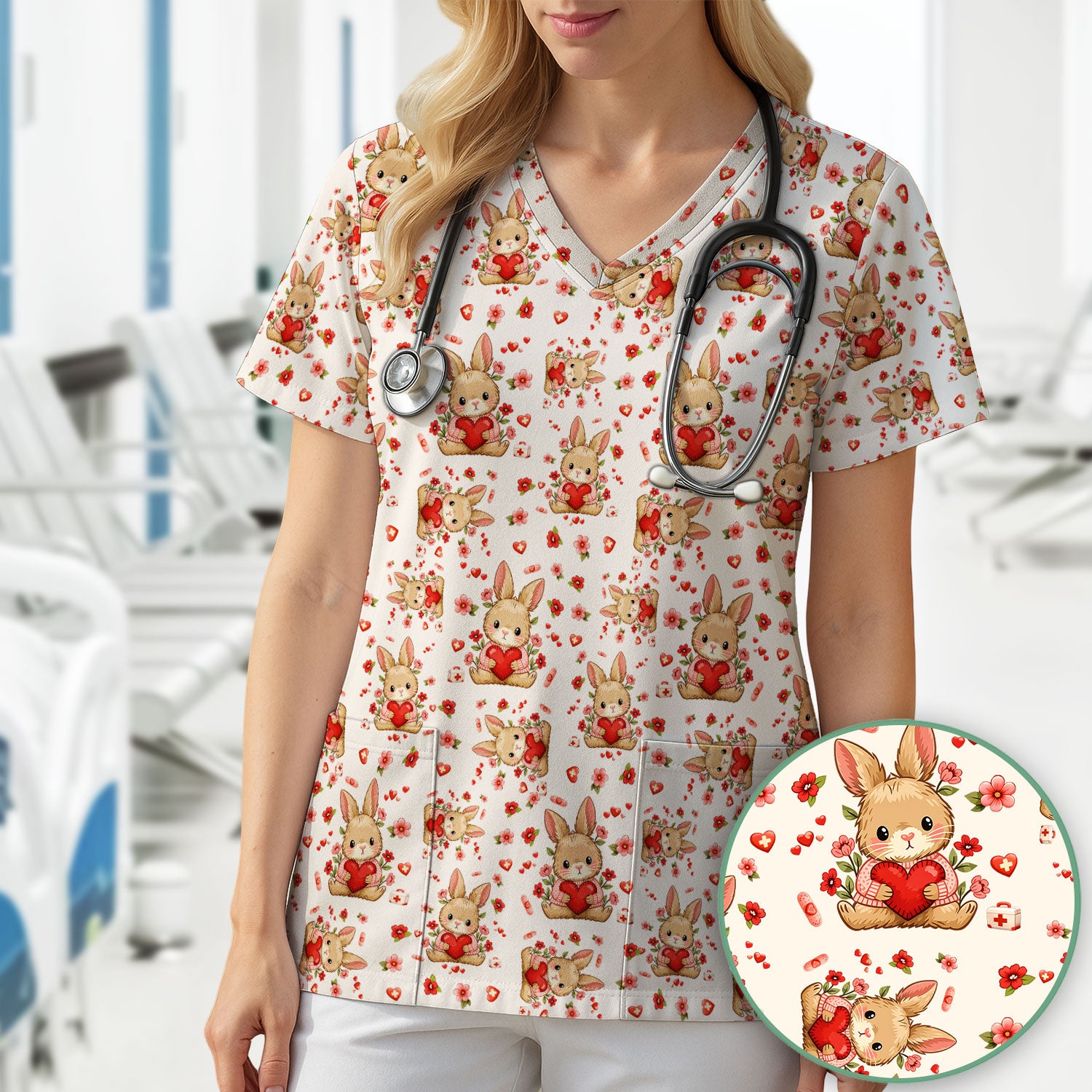 Adorable Bunny Heart Healthcare Design Scrub Top, Comfortable Scrubs for Nurses, Easter