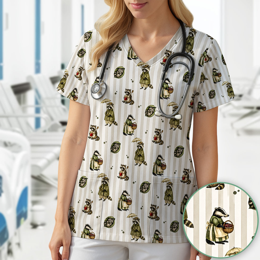 Cute Woodland Raccoon Print Scrub Top, Comfortable Scrubs for Nurses