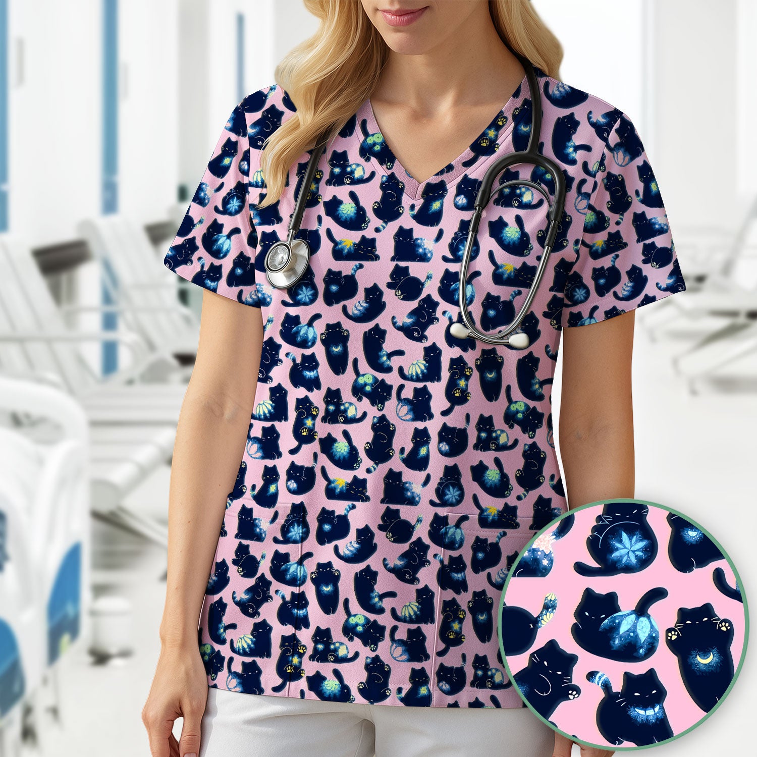Midnight Cat Scrub Top, Black Cat Pattern Nurse Shirt, Breathable Fabrics Nursing Uniform