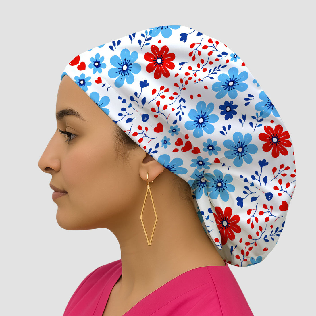 Symmetrical Folk Floral Heart Pattern Pattern Scrub Cap, Breathable Fabrics Caps Uniform