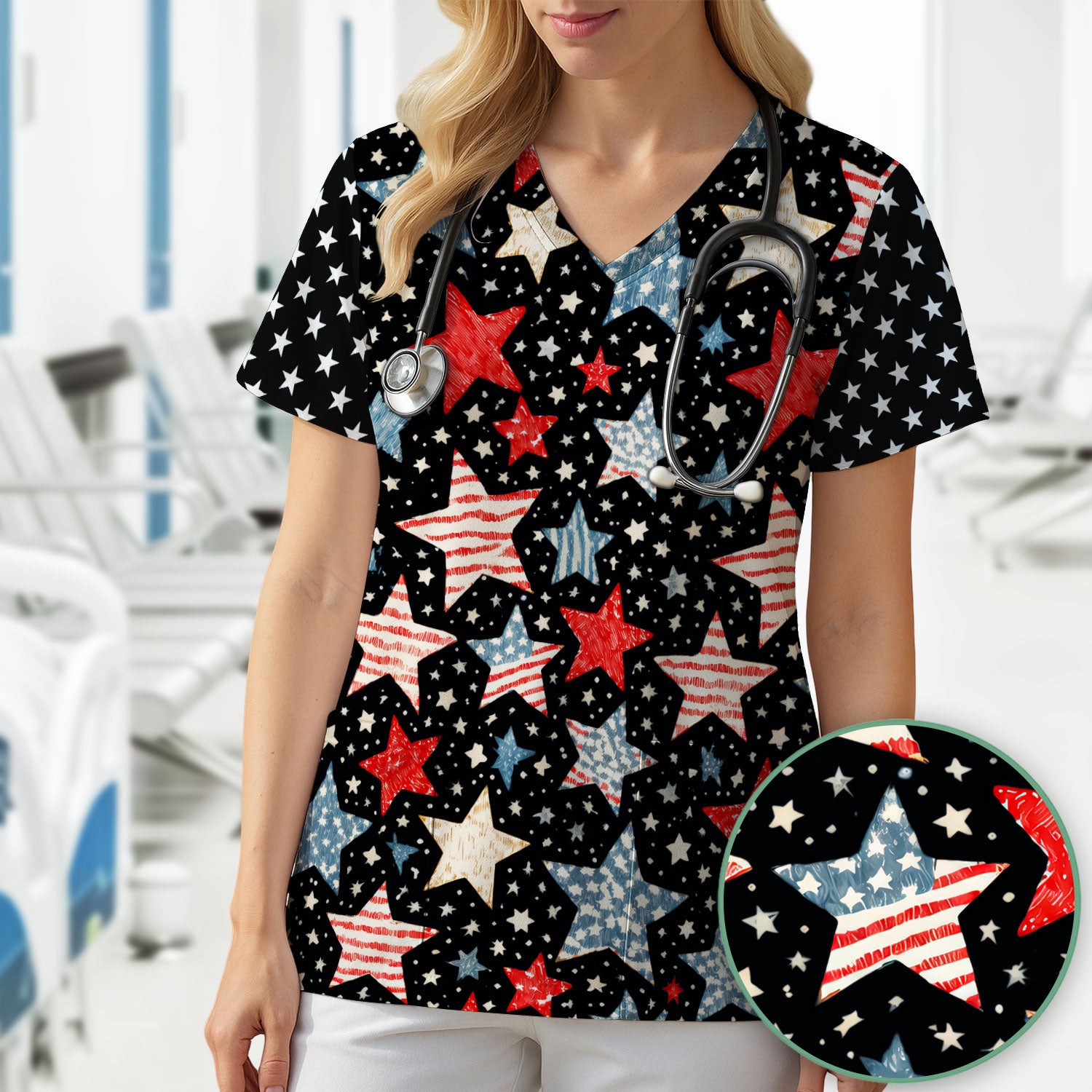 Patriotic Star Pattern Medical Scrub Top, Breathable Fabrics Nursing Uniform