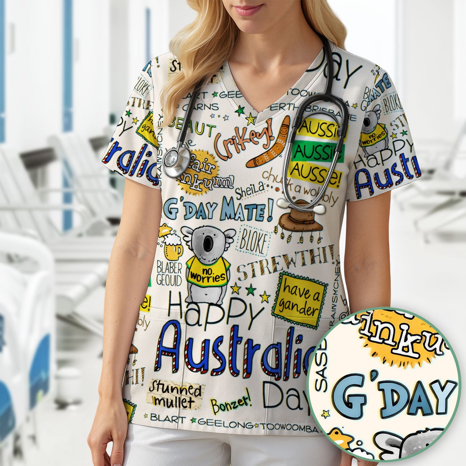 Cute Cartoon Koala Australia Pattern Scrub Top, Breathable Fabrics Nursing Uniform