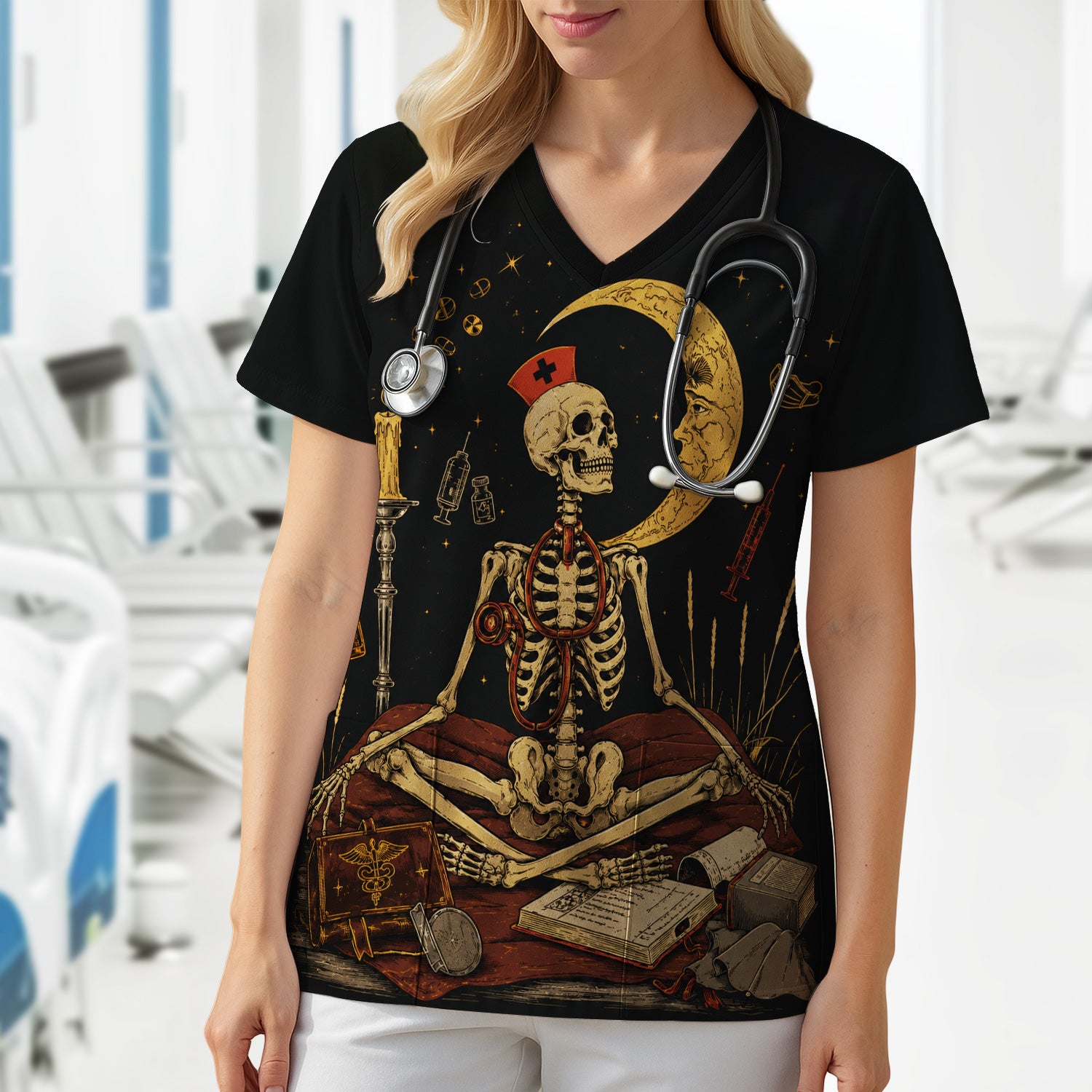 Breast Cancer Skeleton Nurse Scrub Top, Comfortable Scrubs for Nurses