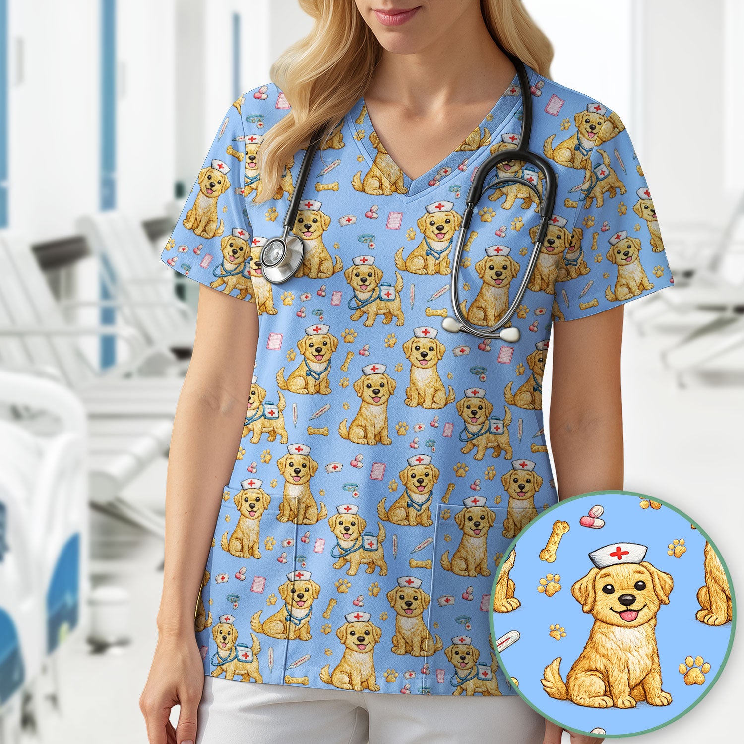Cute Puppy Nurse Medical Print Scrub Top, Comfortable Scrubs for Nurses