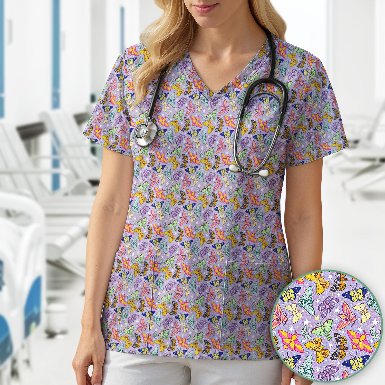 Colorful Butterfly Pattern Scrub Top, Breathable Fabrics Nursing Uniform