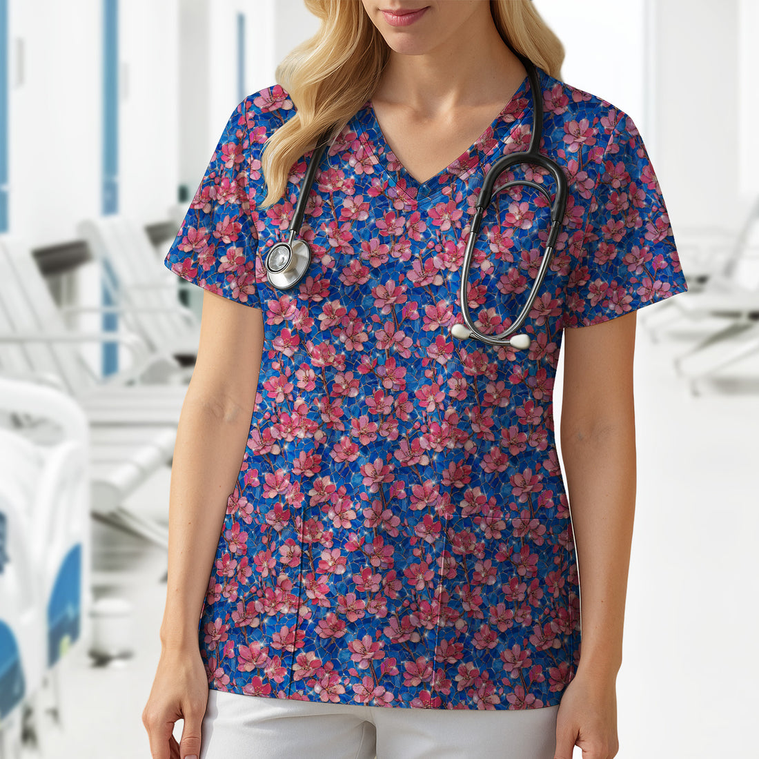 Pink Cherry Blossom Floral Pattern Scrub Top, Comfortable Scrubs for Nurses