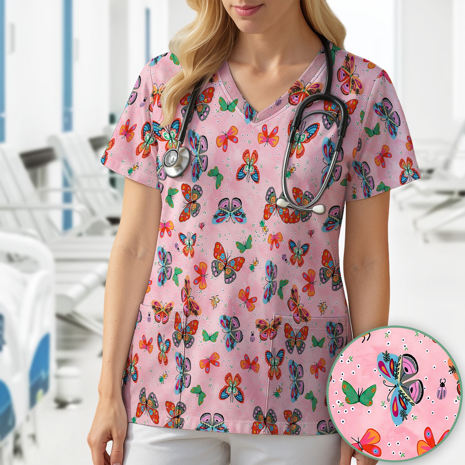 Colorful Butterfly Garden Pattern Scrub Top, Breathable Fabrics Nursing Uniform