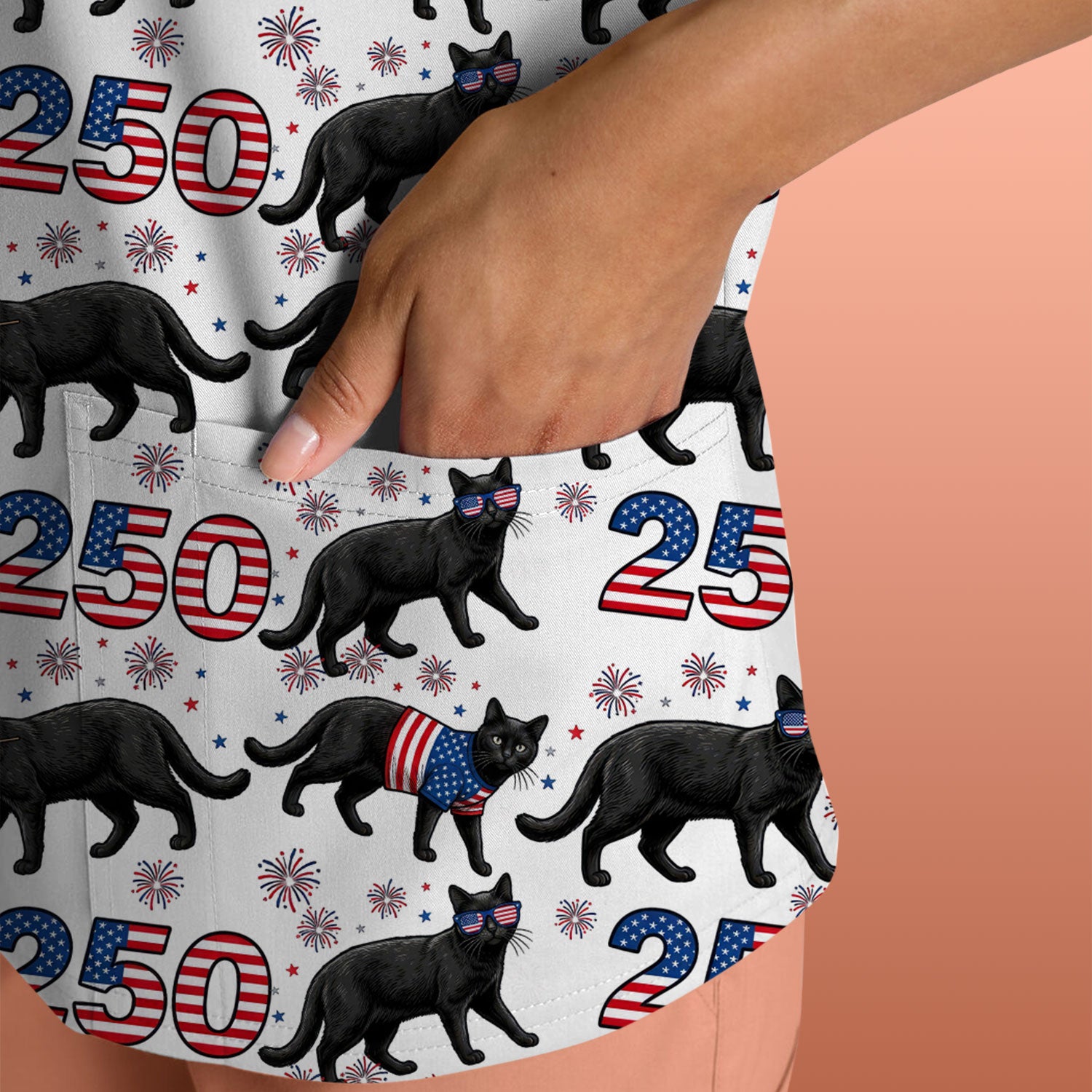 Black Cat 250 USA Flag Fireworks Pattern Scrubs Top, Comfortable Scrubs for Nurses