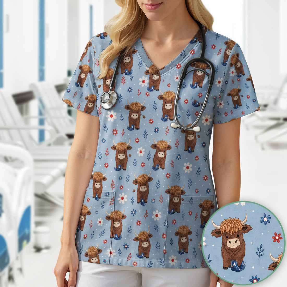 Floral Cowboy Boots Pattern Scrub Top, Comfortable Scrubs for Nurses