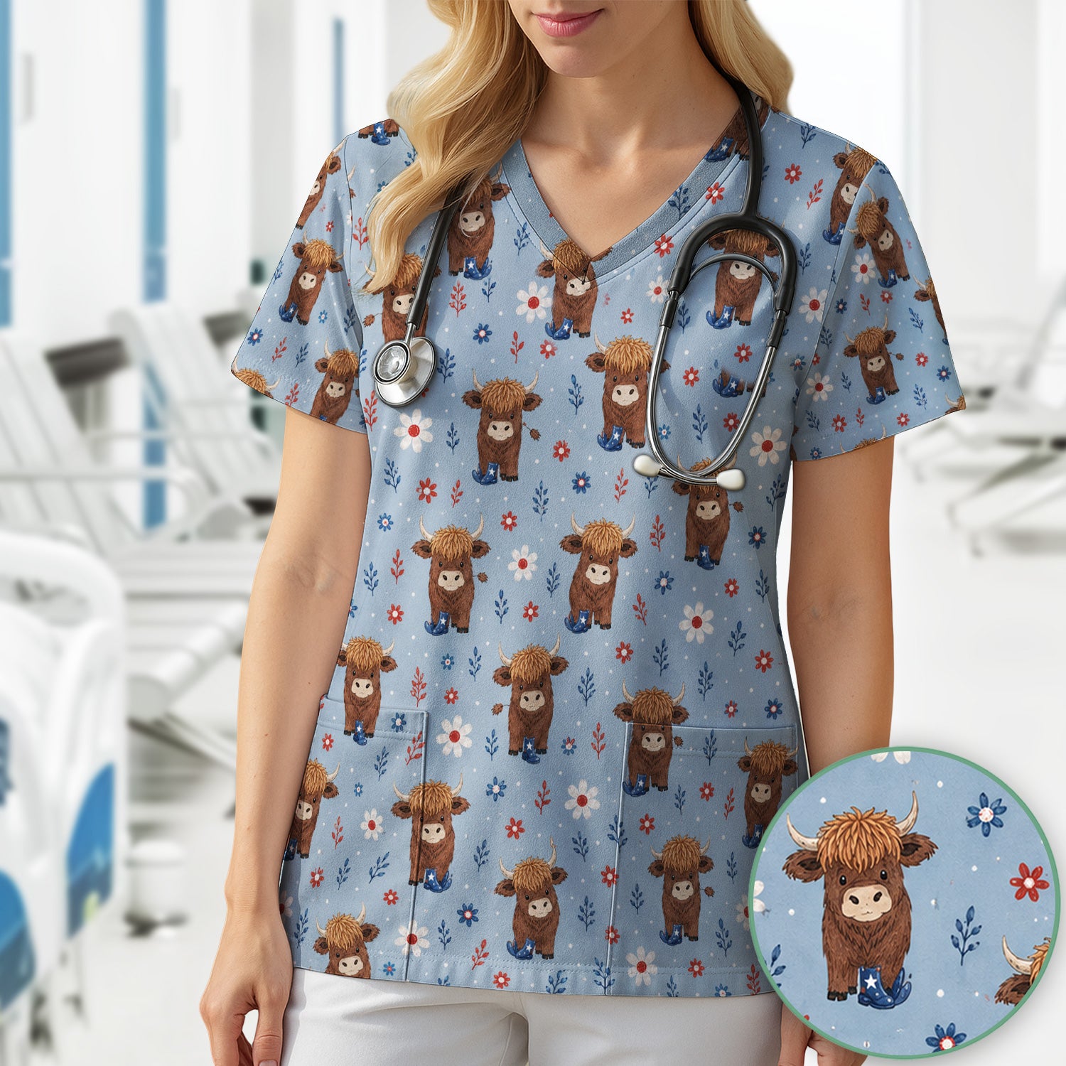 Floral Cowboy Boots Pattern Scrub Top, Comfortable Scrubs for Nurses
