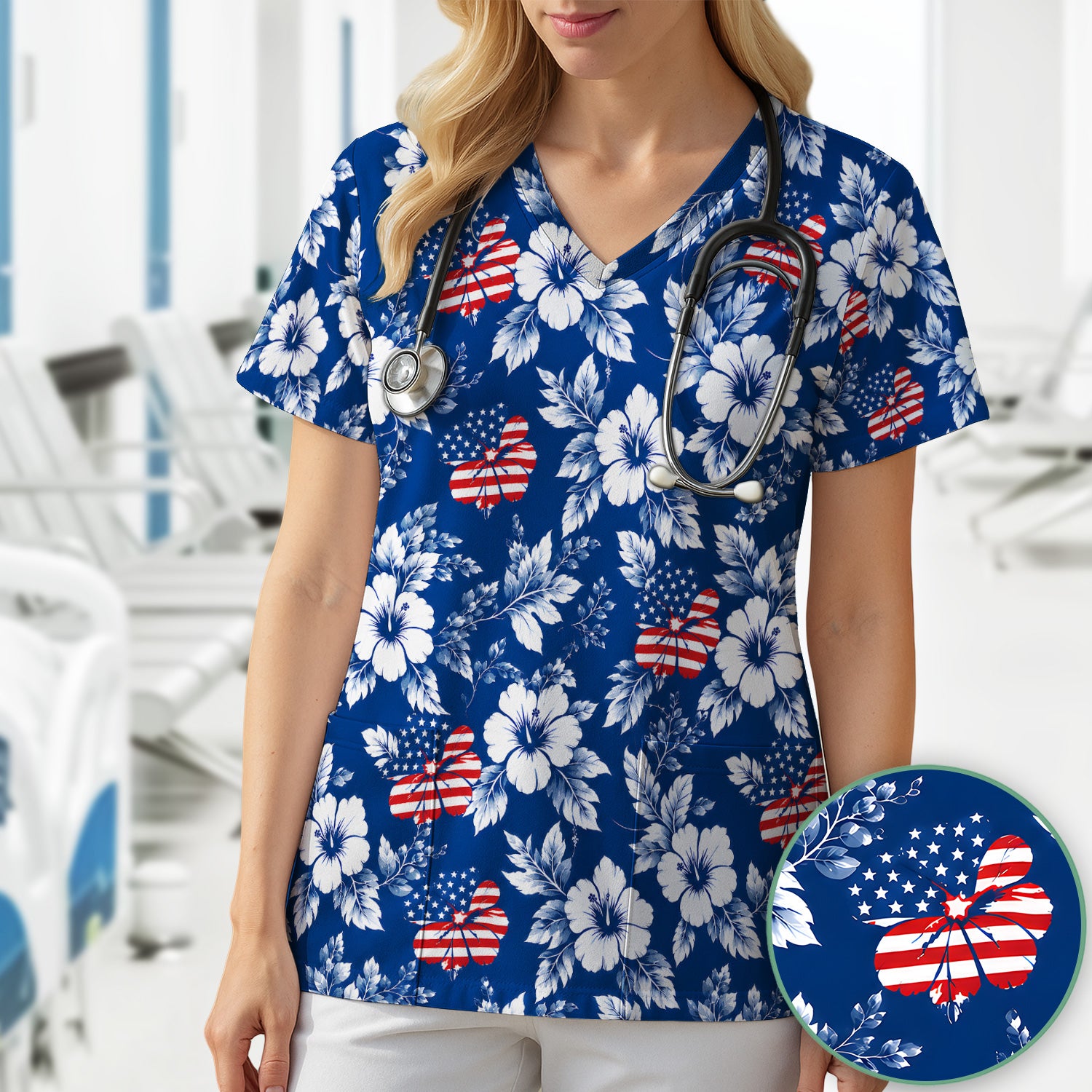 Patriotic Butterfly Floral Nurse for RN & CNA, American Flag Healthcare Workers Uniform Scrub Top, Comfortable Scrubs for Nurses