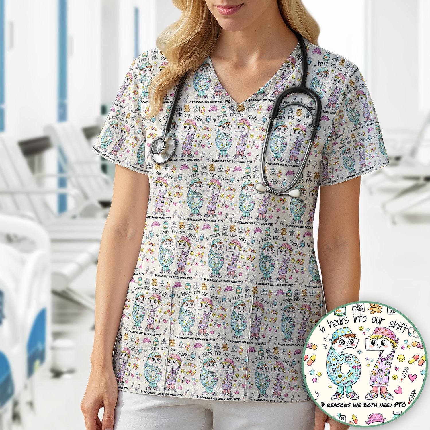 Cartoon Characters Six Hours Into Shift With Medical Doodle Scrub Top, Breathable Fabrics Nursing Uniform