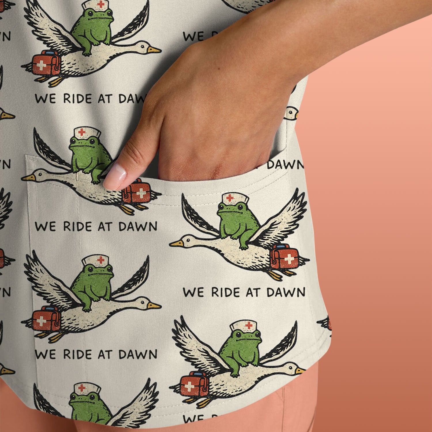 Funny Frog Riding Goose Nurse Pattern Scrub Top, Comfortable Scrubs for Nurses