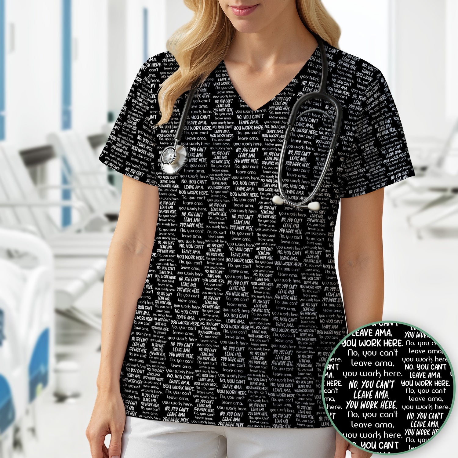 Funny Repeating Nurse Work Quote Text Pattern Scrub Top, Colorful Gothic Nurse Scrubs Uniform