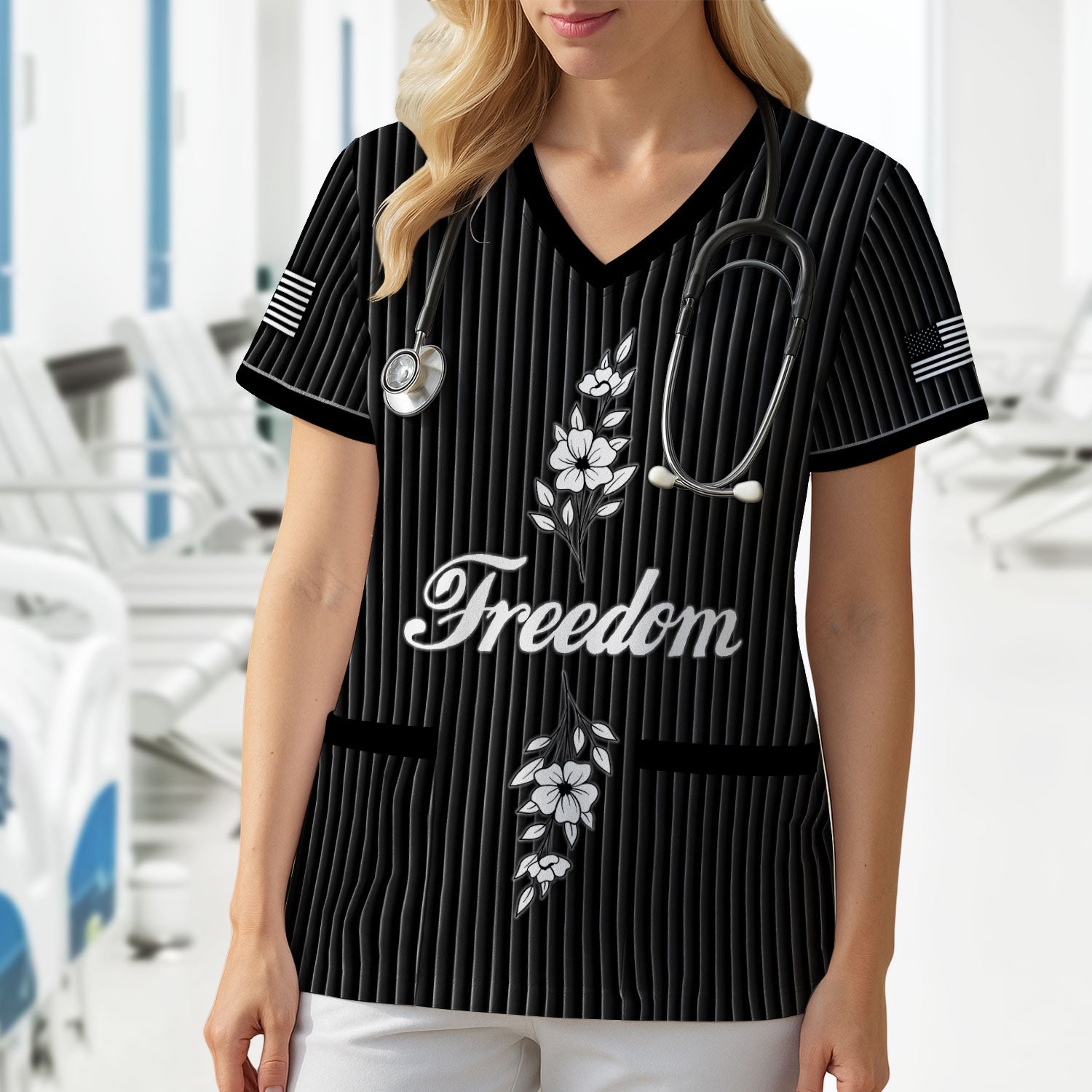 Freedom Shirt Women Scrub Top - Minimalist Floral Medical Uniform - Elegant White Stripe Nursing Gift for RN LPN CNA