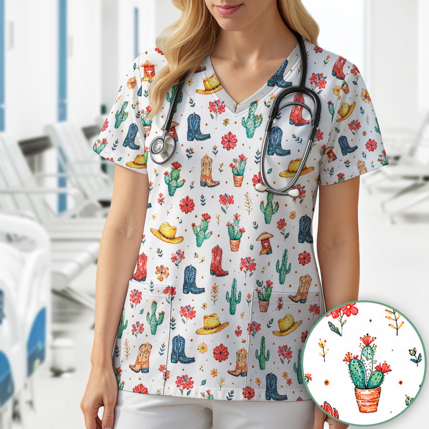 Whimsical Western Cactus Boots Pattern Scrub Top, Breathable Fabrics Nursing Uniform