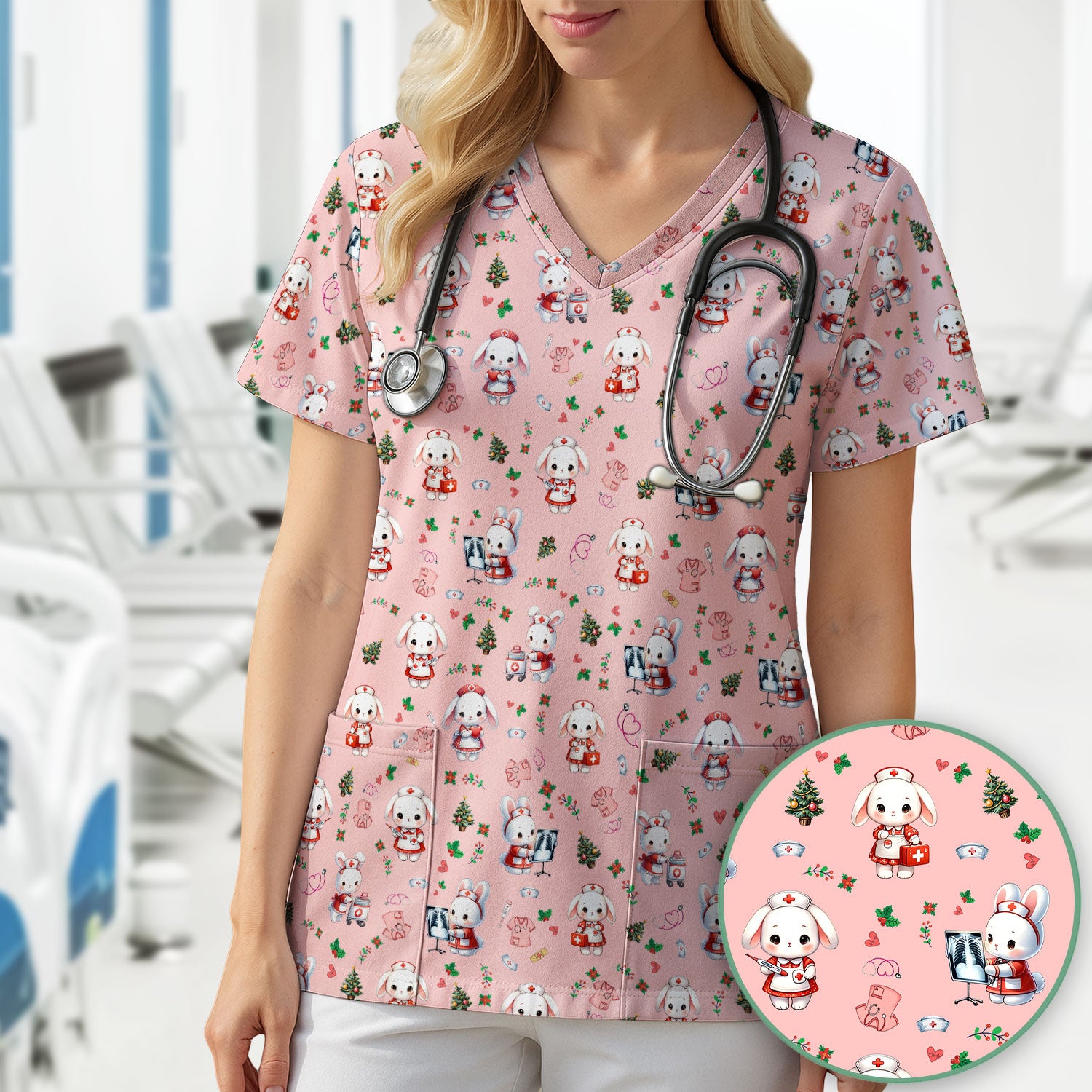 Cute Bunny Scrub Top for Nurse - Adorable Christmas Rabbit Shirt - Funny Holiday Medical Shirt Gift for Women RN LPN CNA