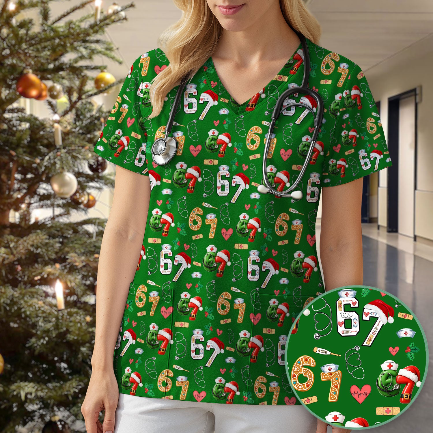 Christmas Nurse 67 Pattern Scrub Top, Cute Holiday Medical Shirt With Santa Hat, Uniform For Nursing